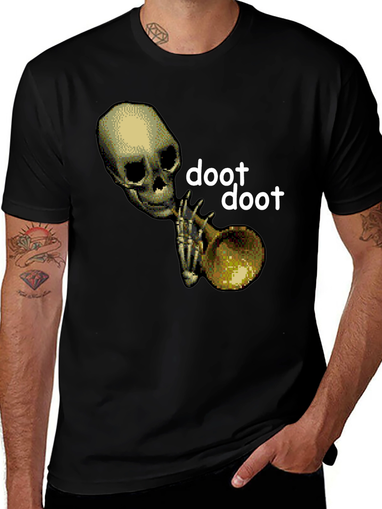 Variant 5 of Doot Doot Skeleton Trumpet Graphic Tee - Black Cotton T-Shirt