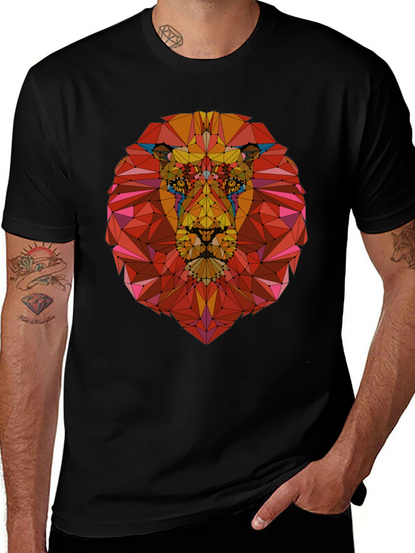 Variant 15 of Geometric Lion Print Black T-Shirt