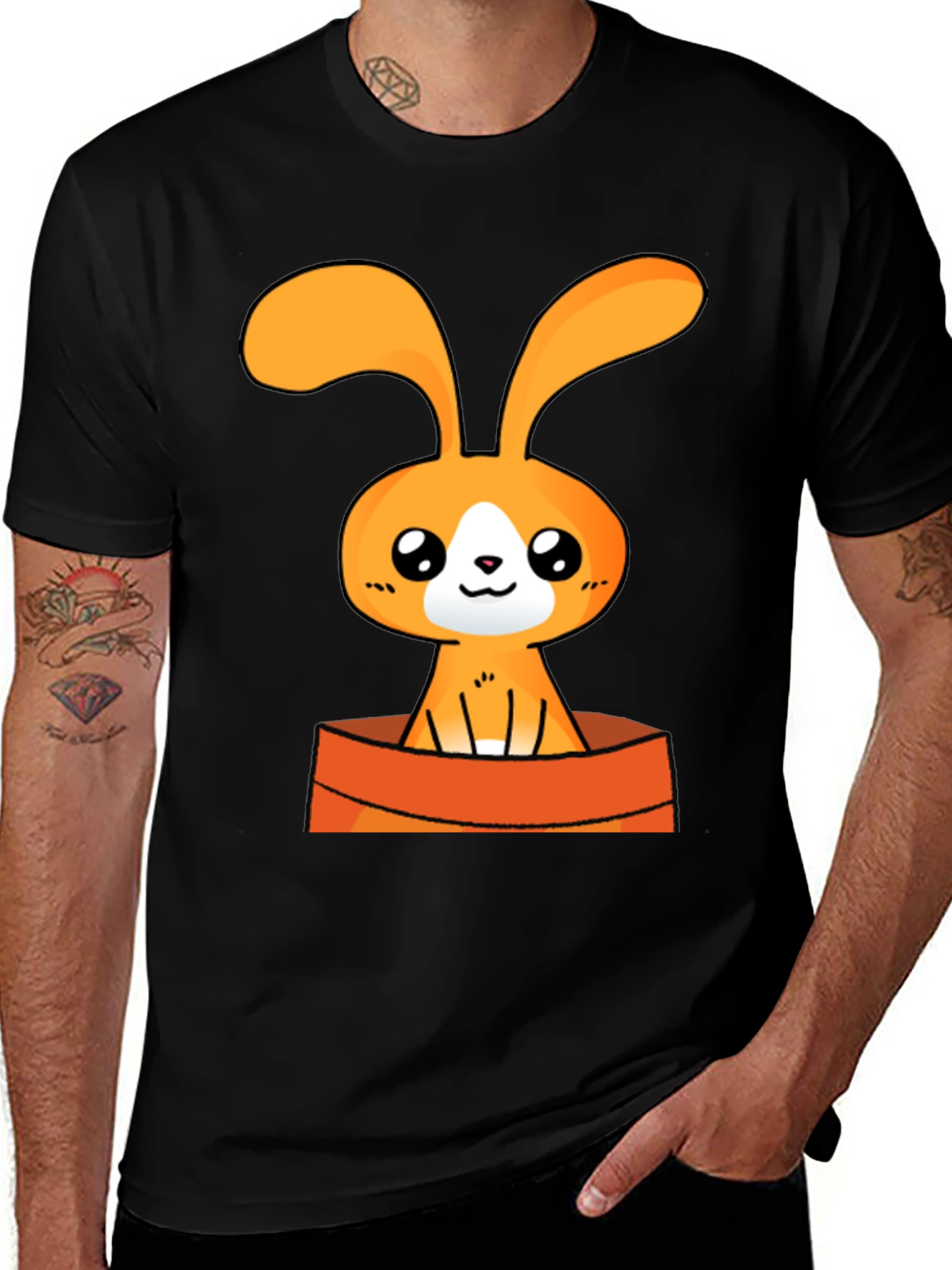 Variant 30 of Cute Cartoon Bunny Graphic Tee - Black Cotton T-Shirt