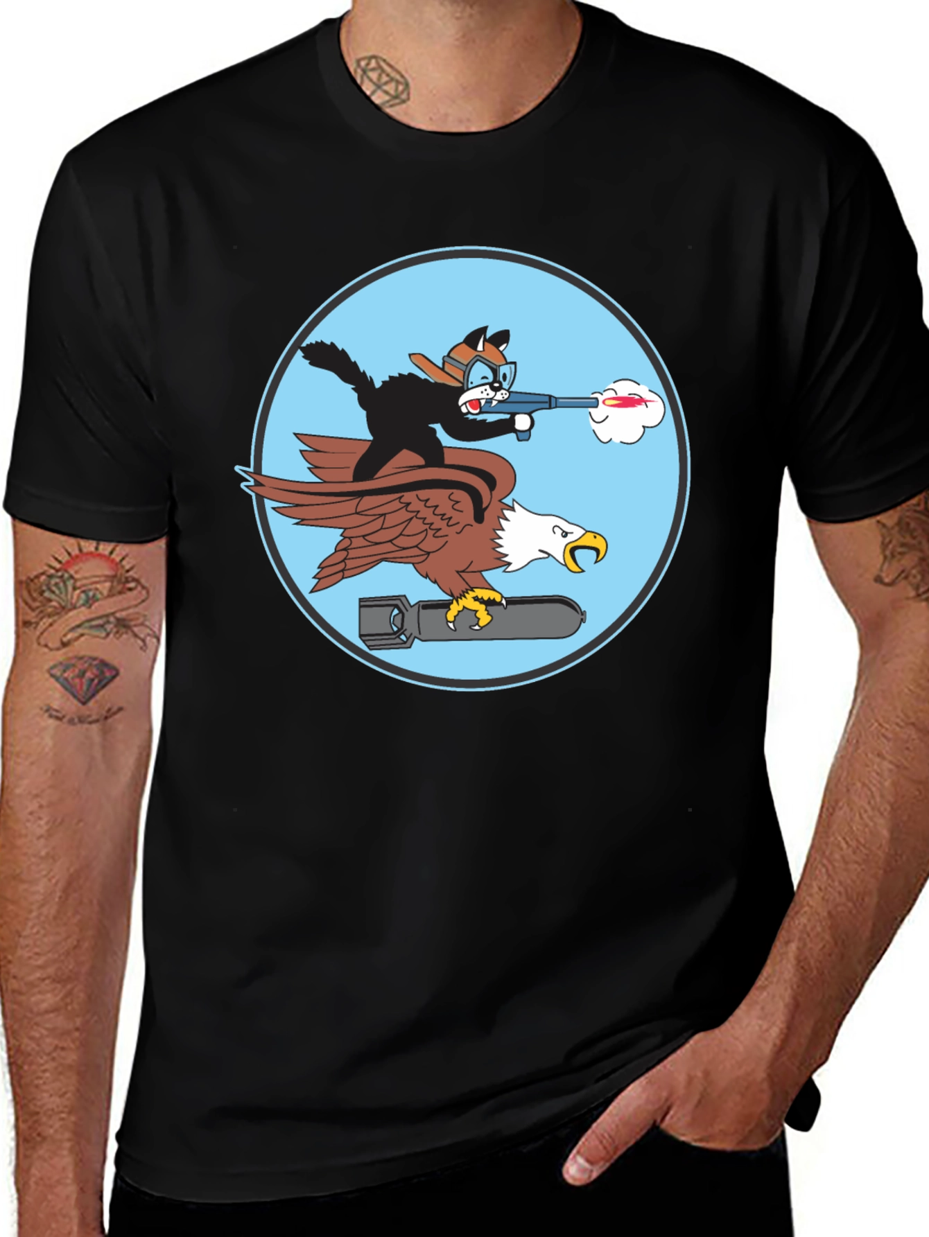 Black Cartoon Cat & Eagle T-Shirt - Funny Graphic Tee main image