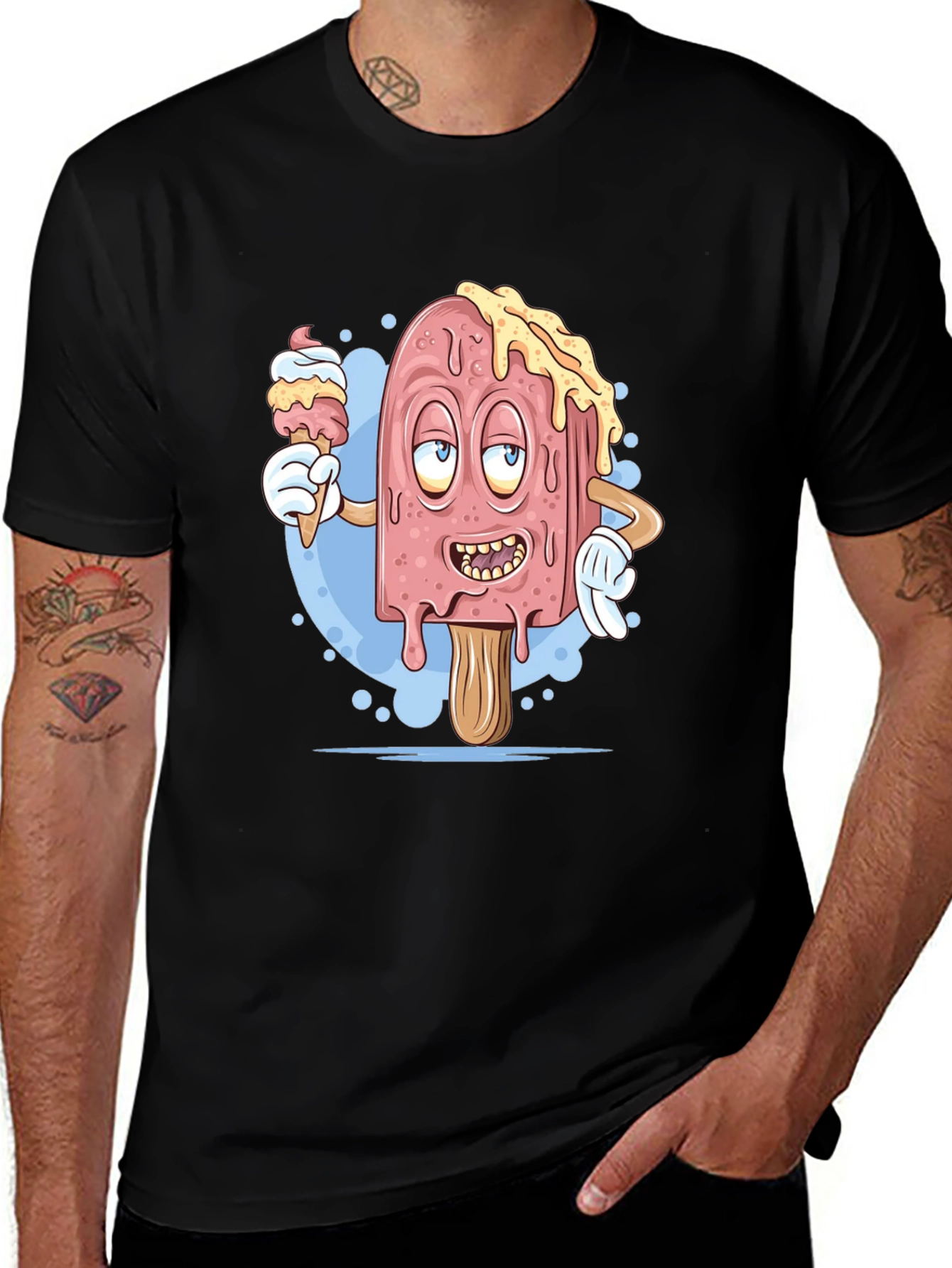 Variant 19 of Cartoon Ice Cream Graphic Tee - Cool Black T-Shirt