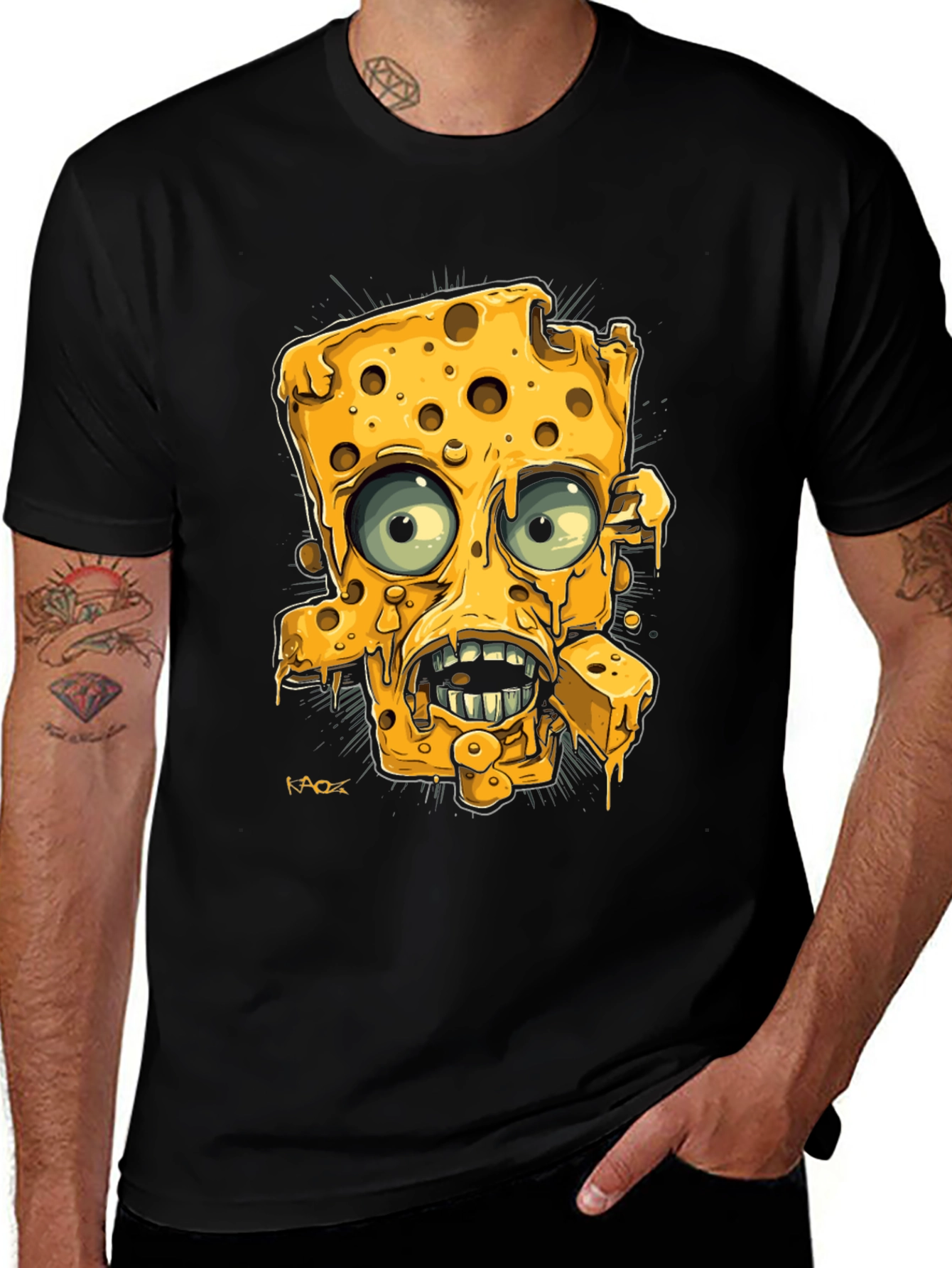 Variant 11 of Cartoon Cheese Character Black Graphic Tee