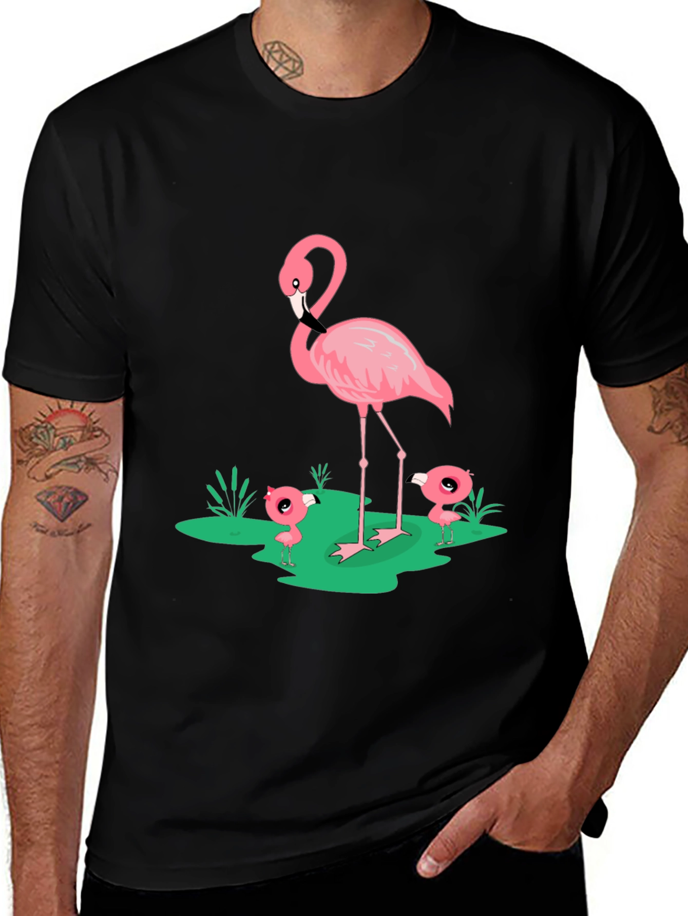 Variant 24 of Flamingo Family Graphic Tee - Black Casual T-Shirt