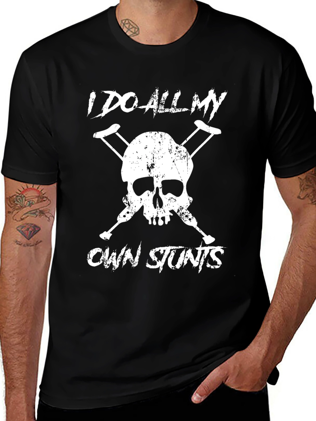 Black I Do All My Own Stunts Skull Crutches Graphic Tee main image