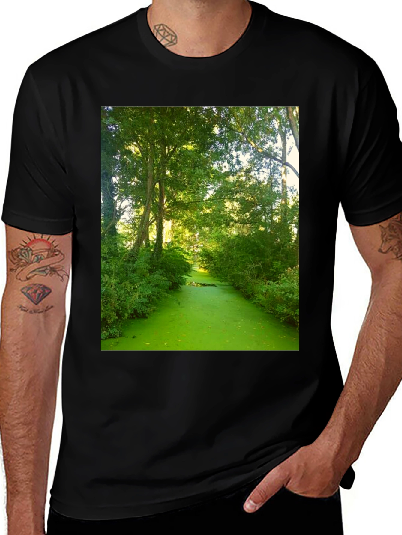 Nature Scene Graphic Tee - Lush Green River Design