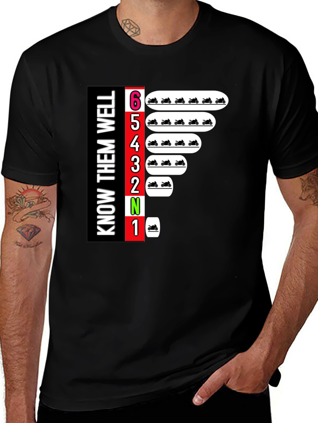 Variant 5 of Know Them Well Motorcycle T-Shirt - Gear Shift Design