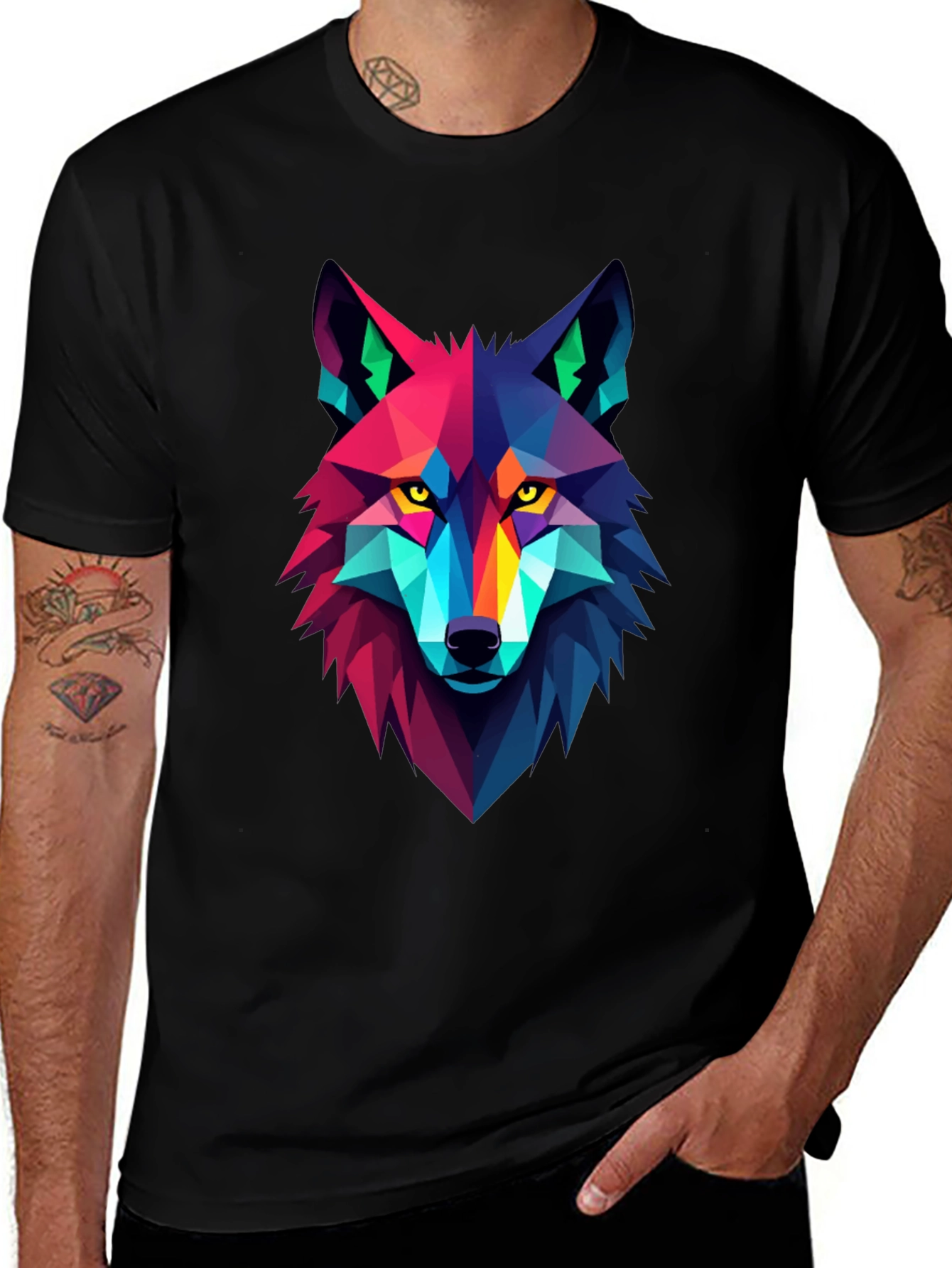 Geometric Wolf Graphic Black Tee