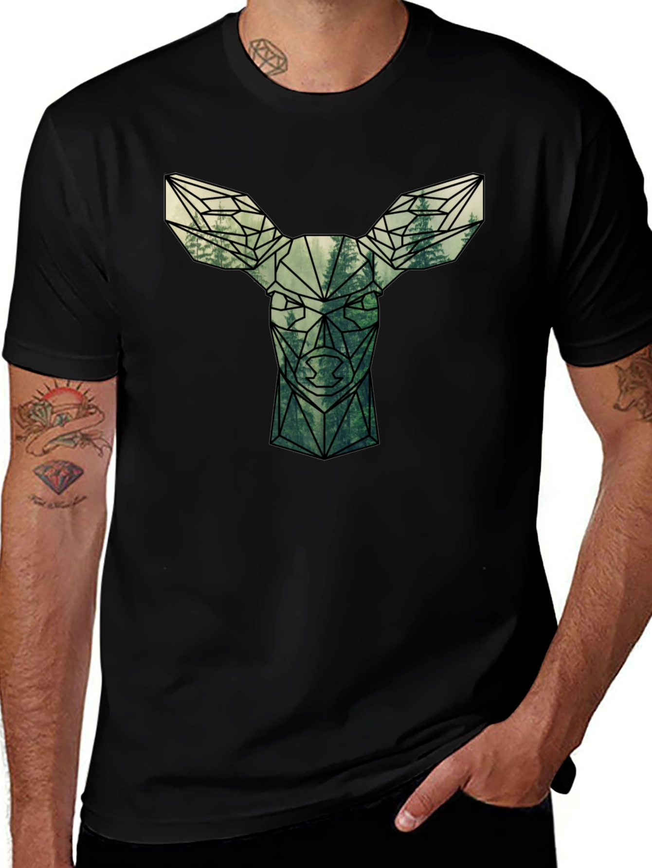 Geometric Deer Forest Graphic Tee - Black Cotton T-Shirt