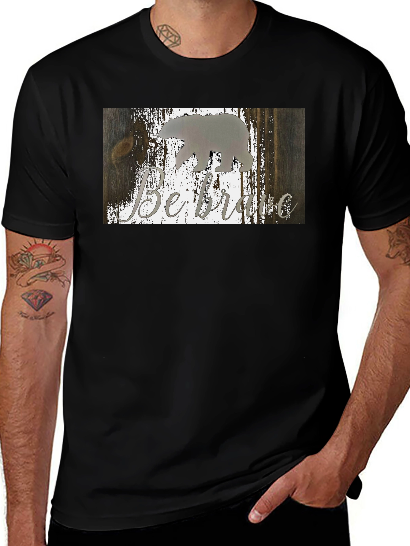 Be Brave Bear Tee - Rustic Wood Design, Premium Cotton