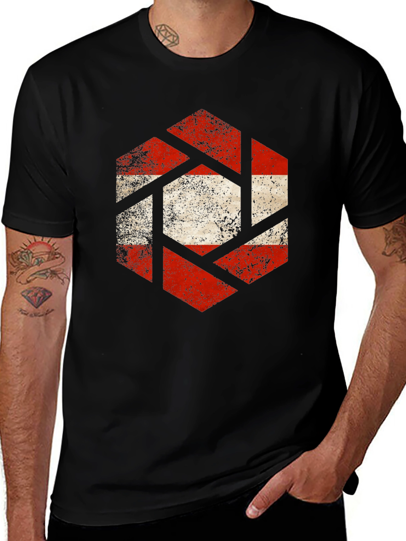 Austria Flag Hexagon Graphic Tee - Men's Black T-Shirt
