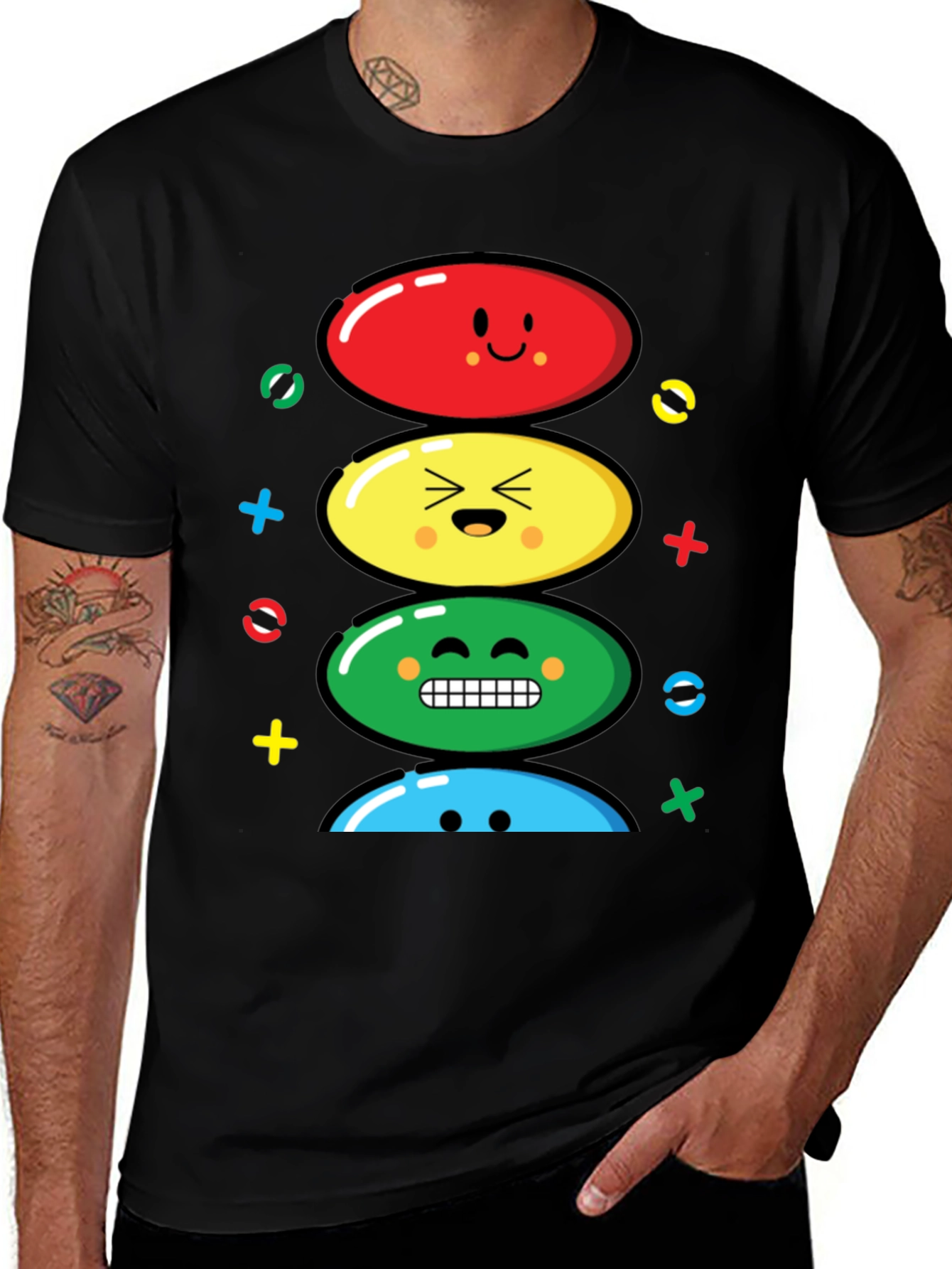 Variant 10 of Funny Colorful Faces Stacked Black T-Shirt
