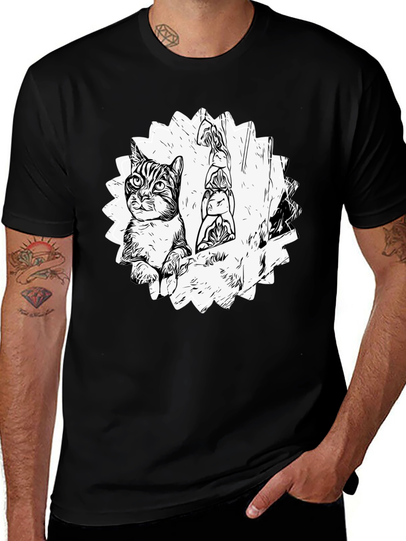 Variant 14 of Cool Cat & Totem Pole Graphic Tee - Black