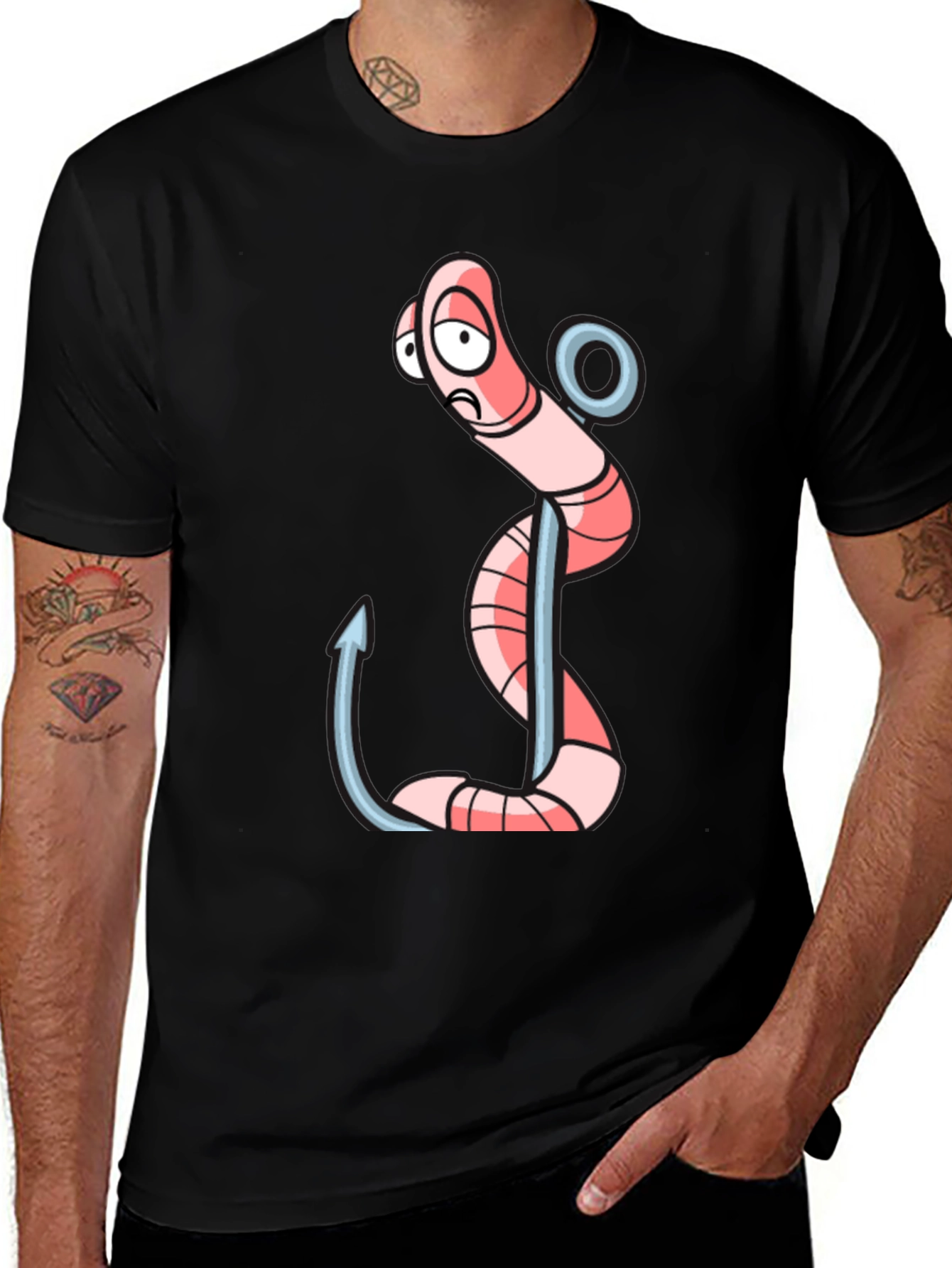 Variant 6 of Worm on Hook Graphic Tee - Black Cotton T-Shirt