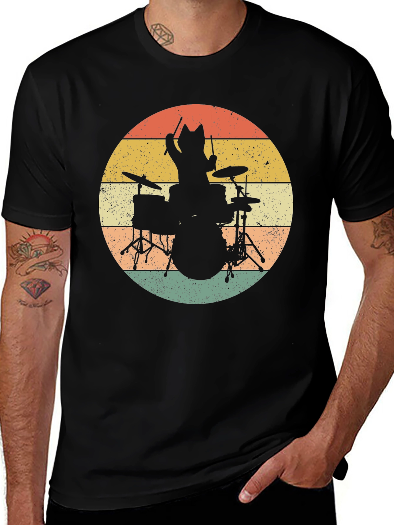 Variant 3 of Cat Drummer T-Shirt - Retro Style Black Tee