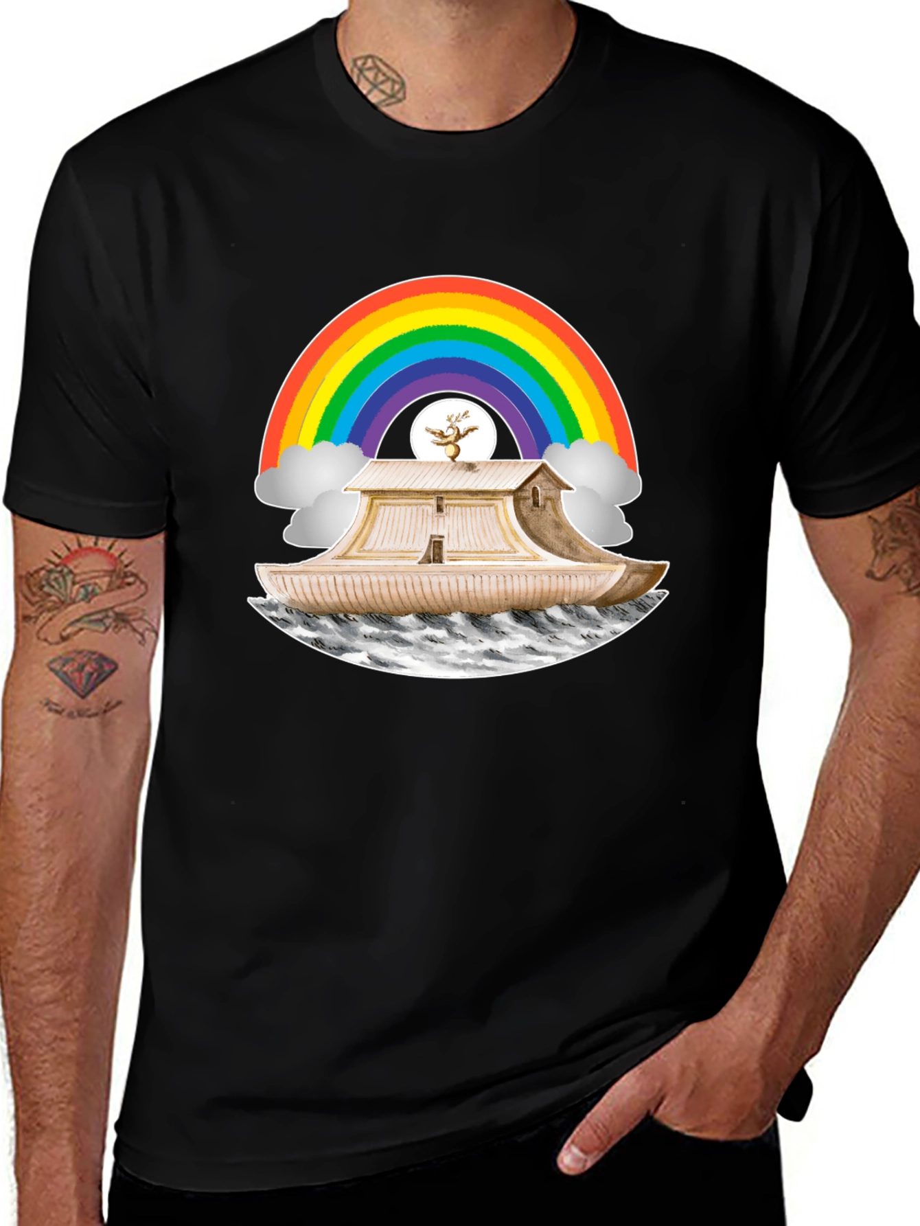 Variant 25 of Noah's Ark Rainbow Graphic Tee - Black Cotton T-Shirt