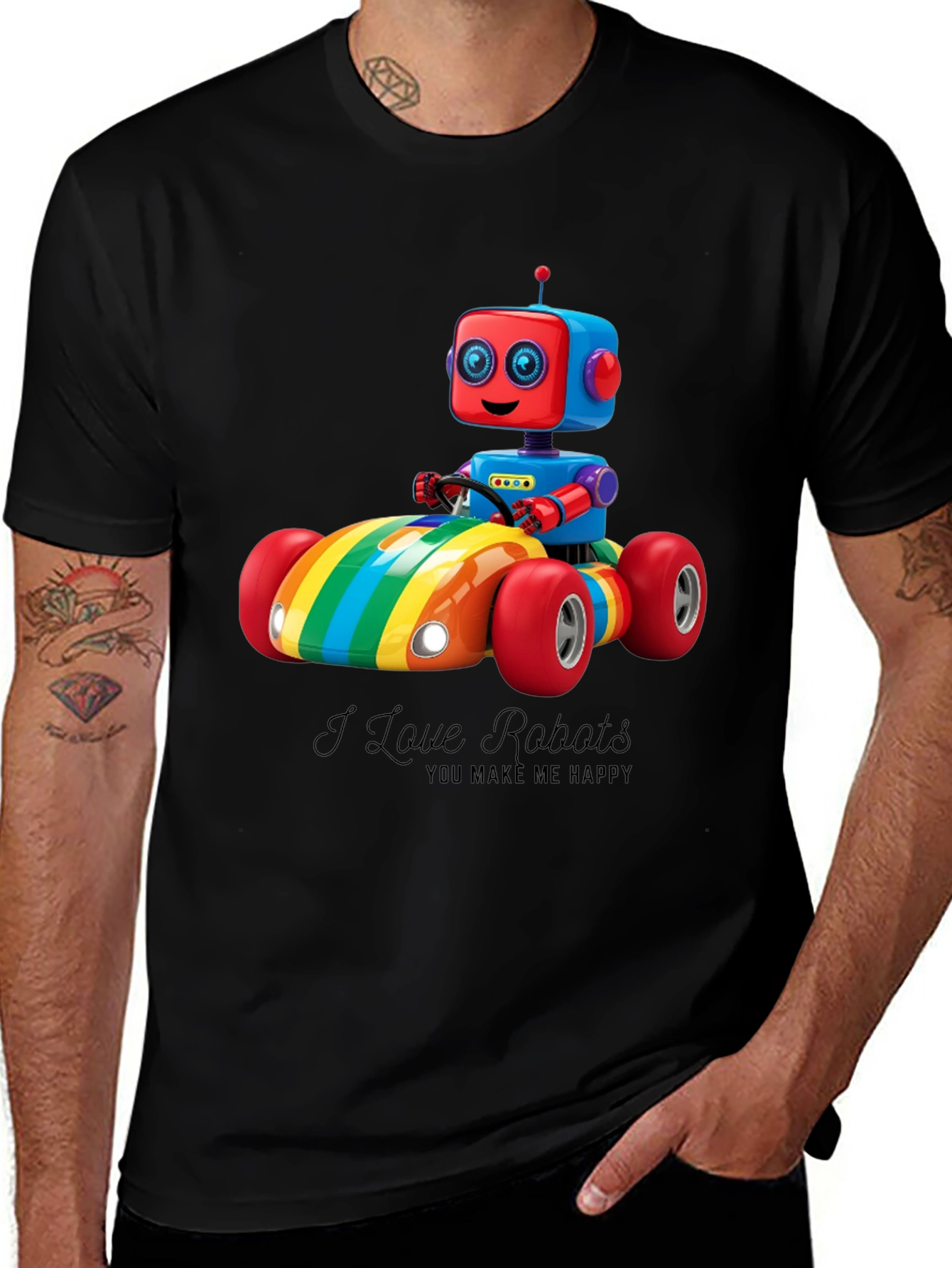 Variant 10 of I Love Robots T-Shirt: Rainbow Robot Car Design