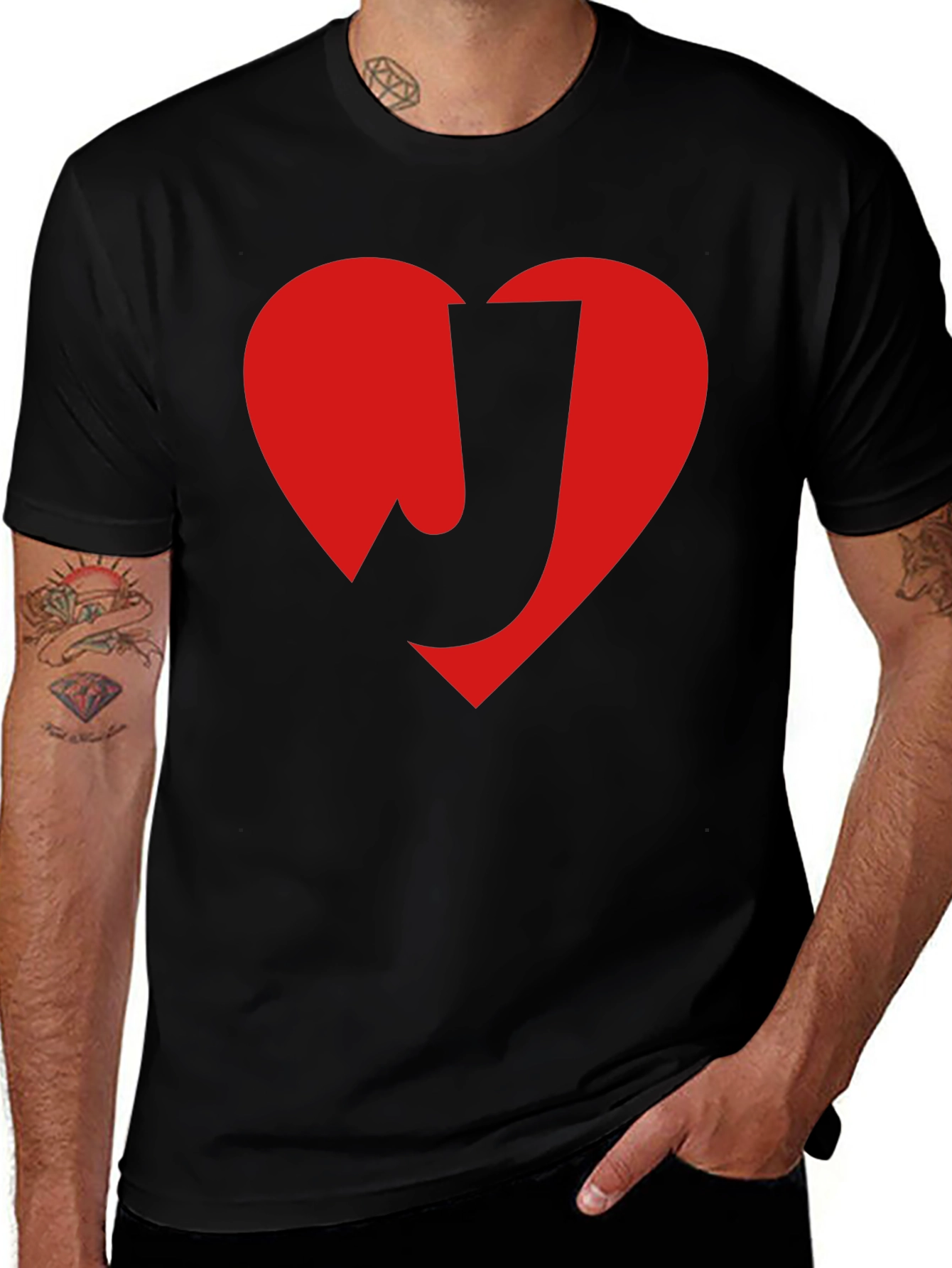 Variant 12 of Heart Initial J Black T-Shirt Casual Graphic Tee