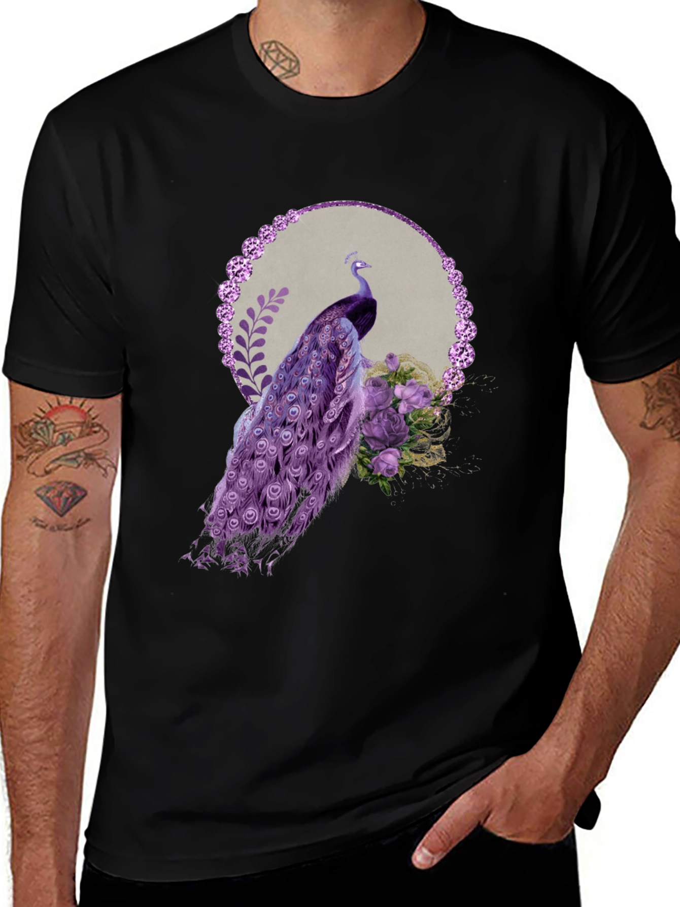 Variant 11 of Peacock & Floral Graphic Tee - Black Cotton Blend