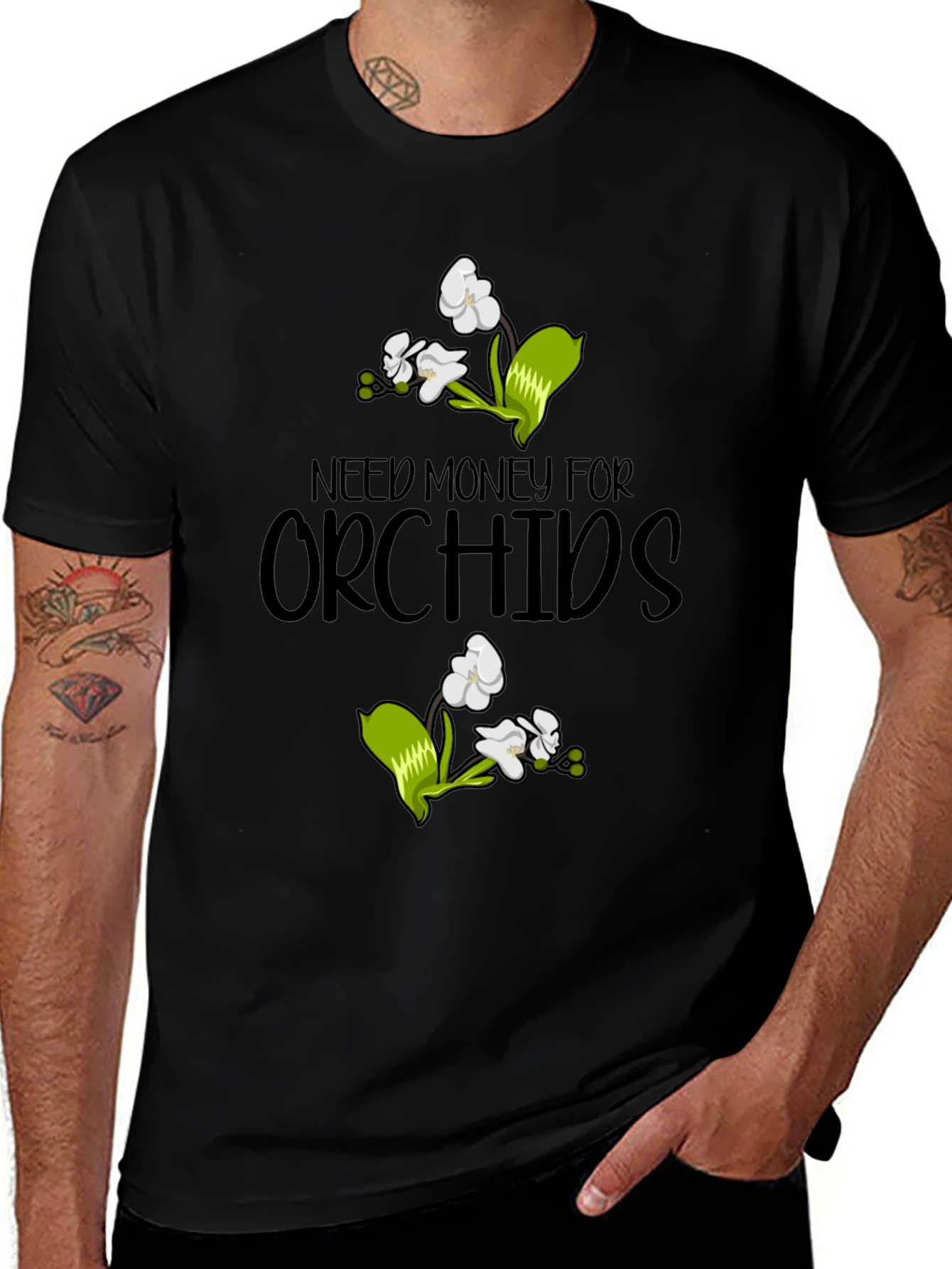 Need Money for Orchids Black Graphic T-Shirt