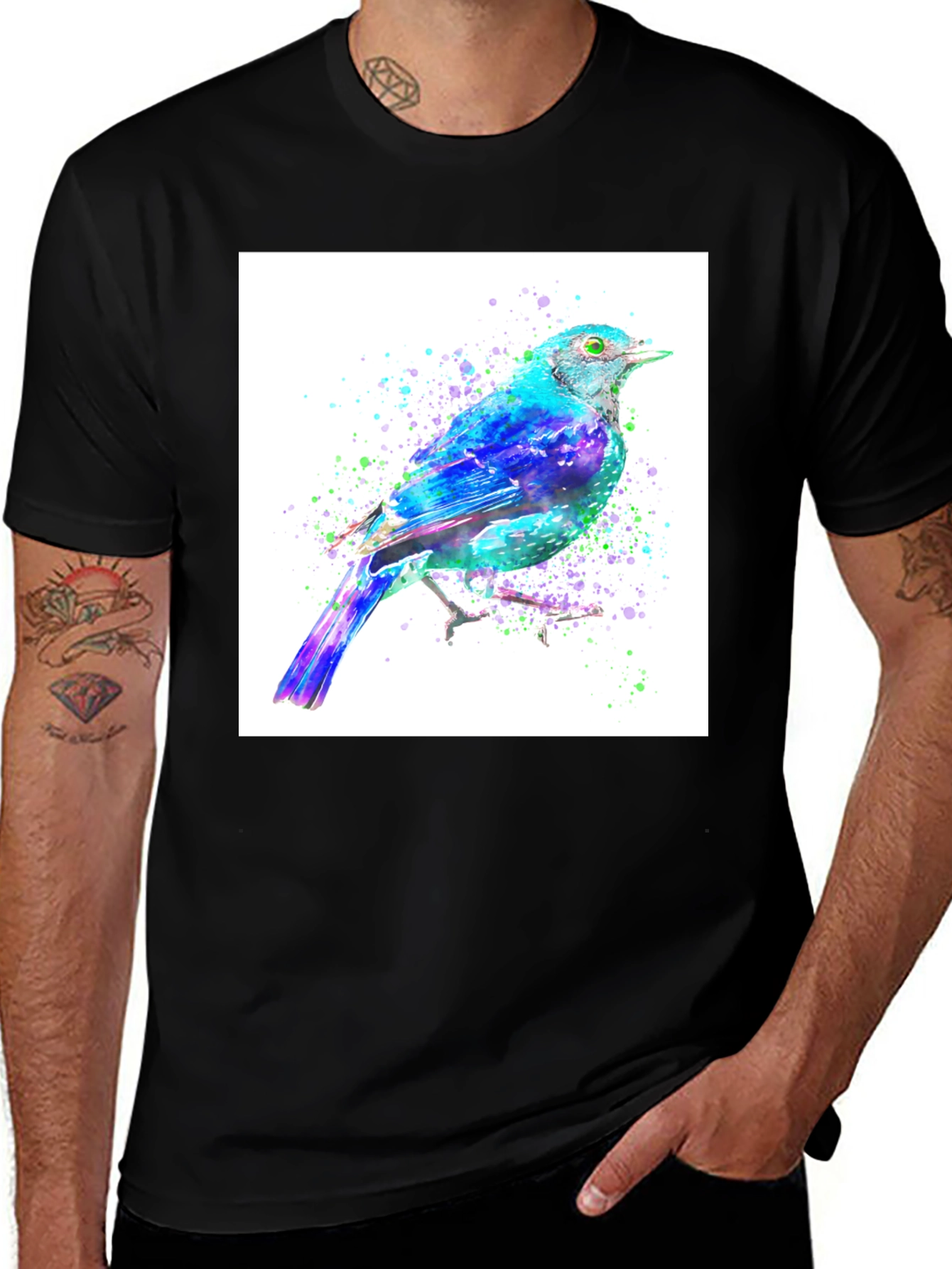 Variant 11 of Watercolor Bird Print Black Tee