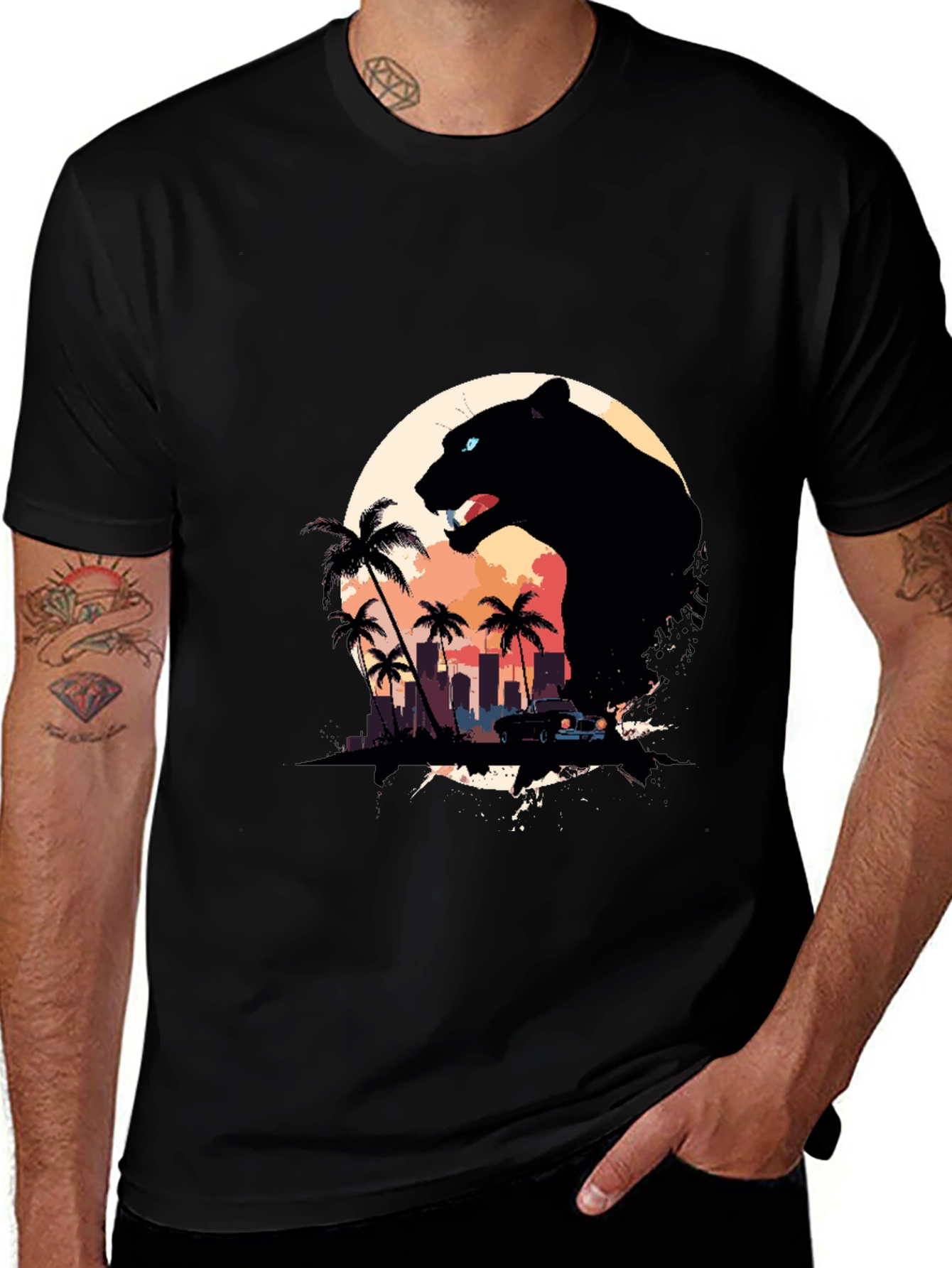 Variant 5 of Miami Panther T-Shirt - Retro Sunset Design