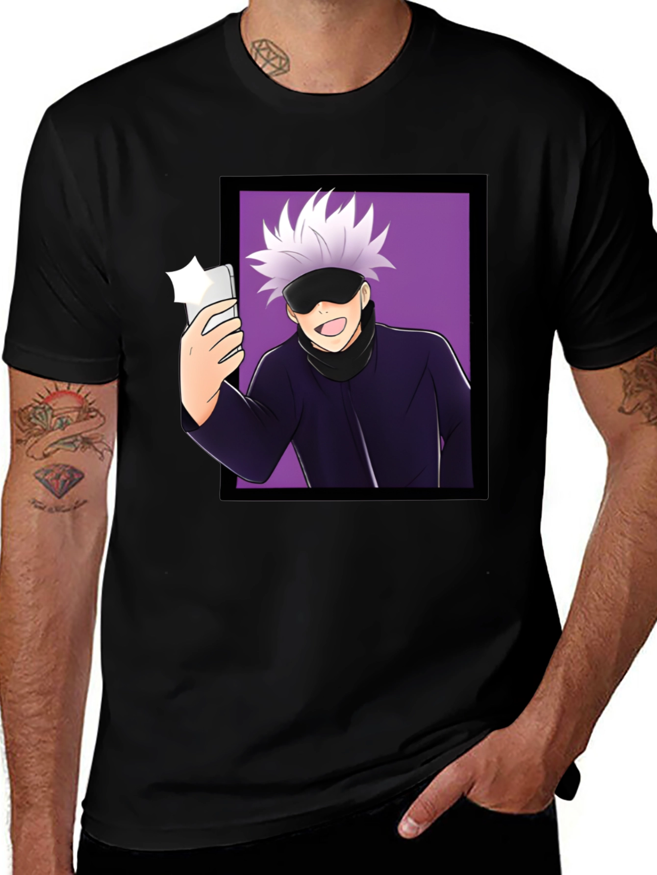 Variant 5 of Anime Gojo Satoru Taking Selfie Graphic Black T-Shirt