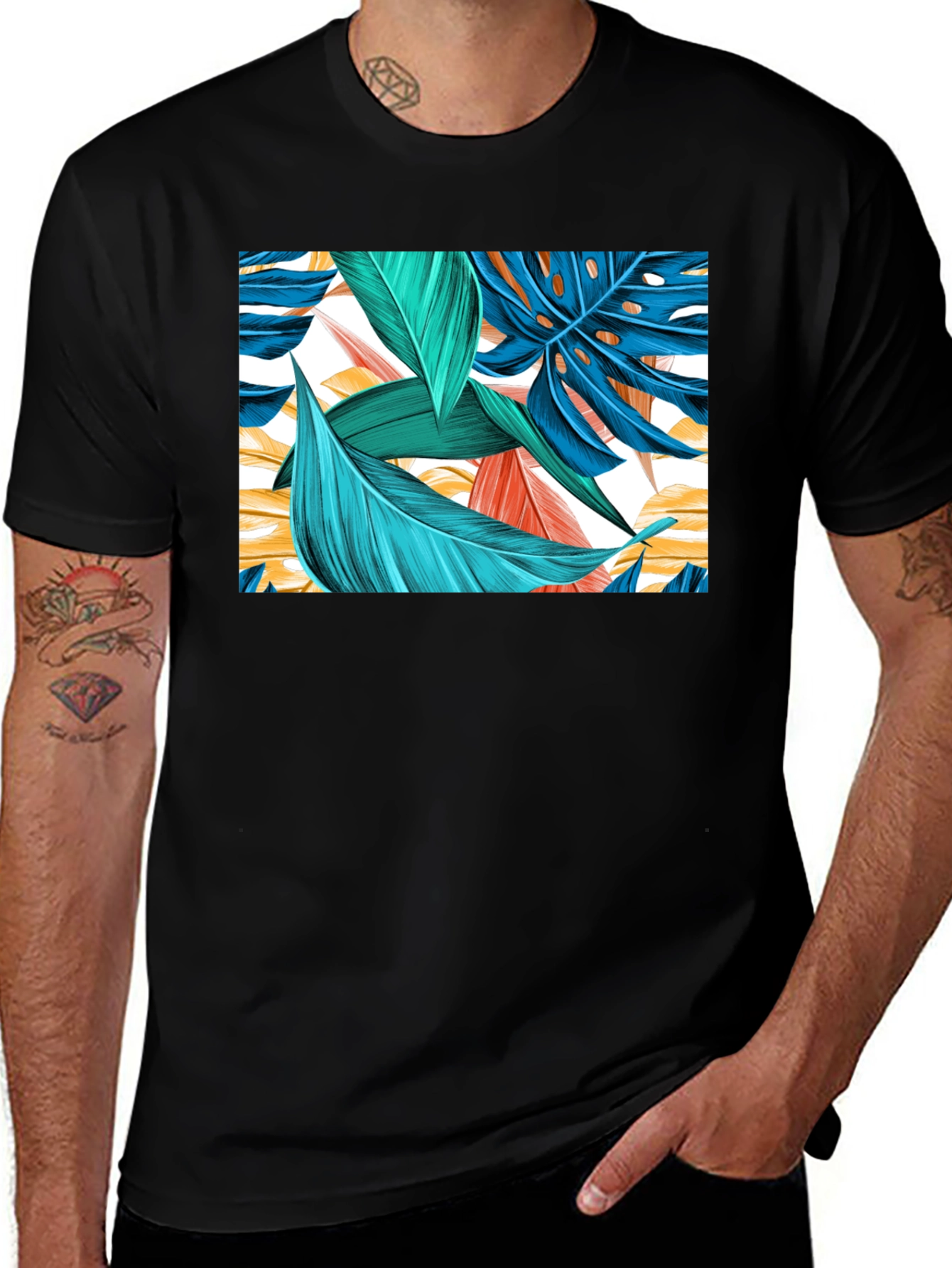 Variant 10 of Tropical Leaves Graphic Black T-Shirt