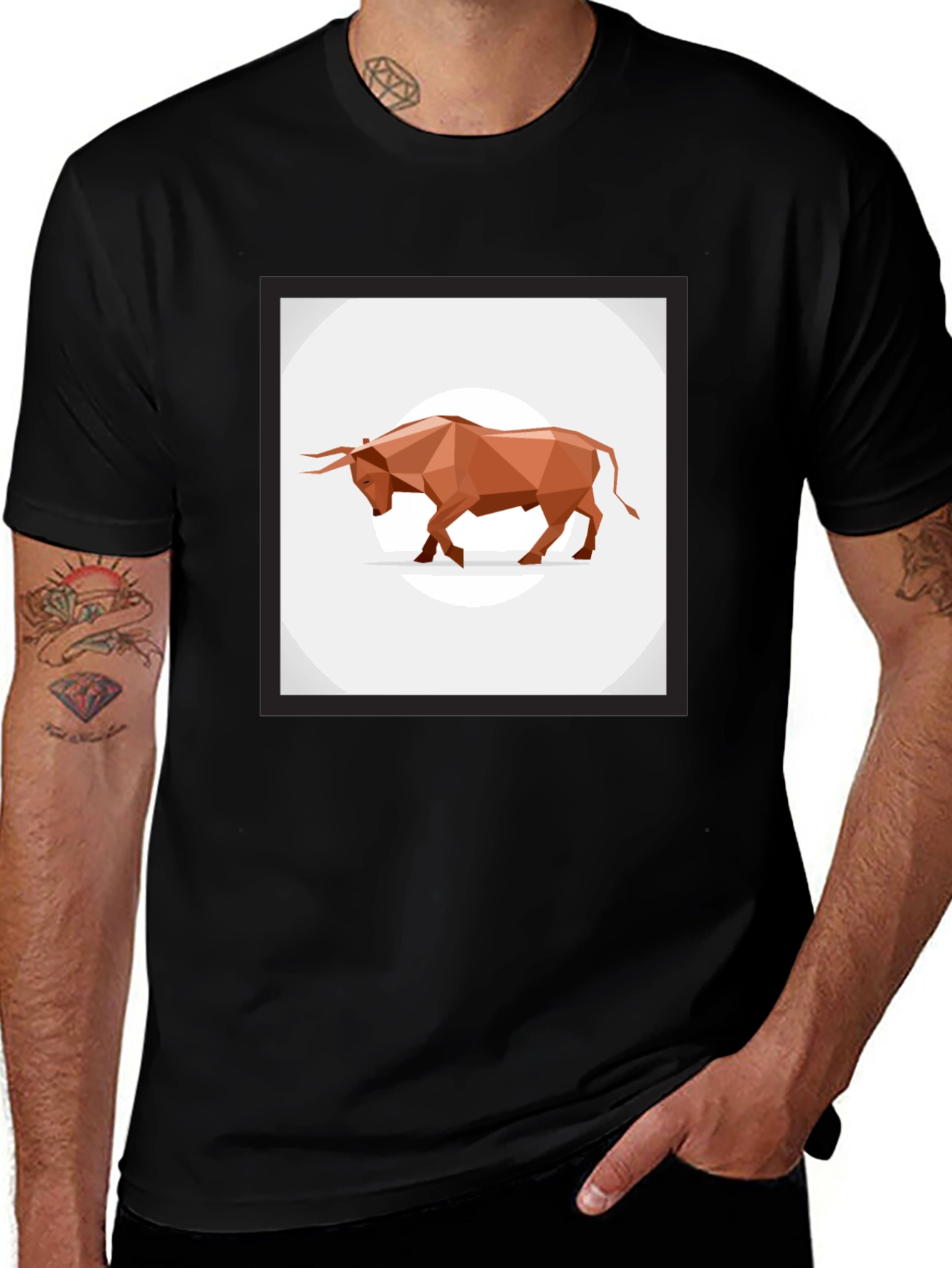 Variant 18 of Geometric Bull Graphic Tee - Stylish Men's Black T-Shirt