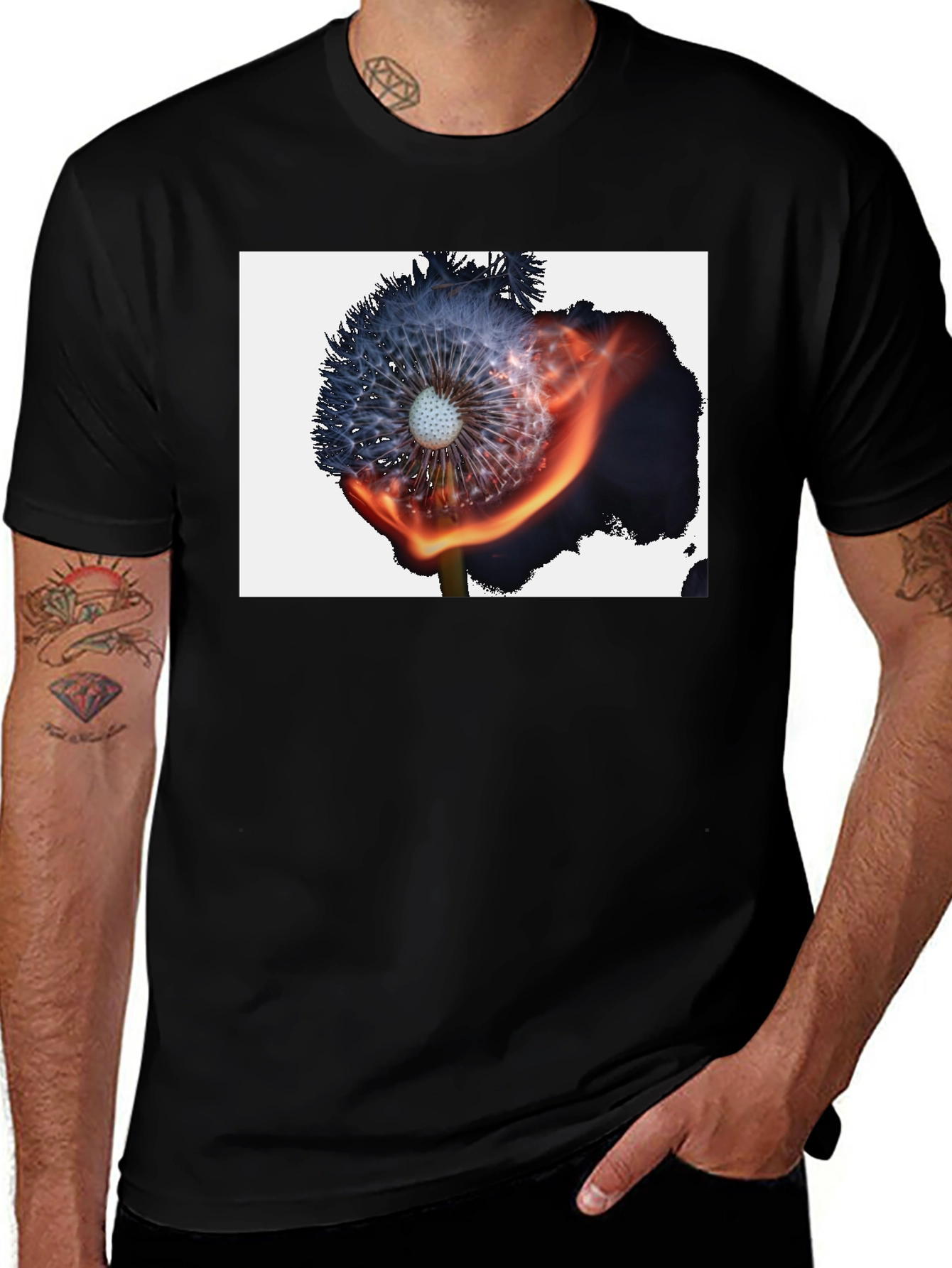 Variant 16 of Burning Dandelion Graphic Tee - Cool Black T-Shirt
