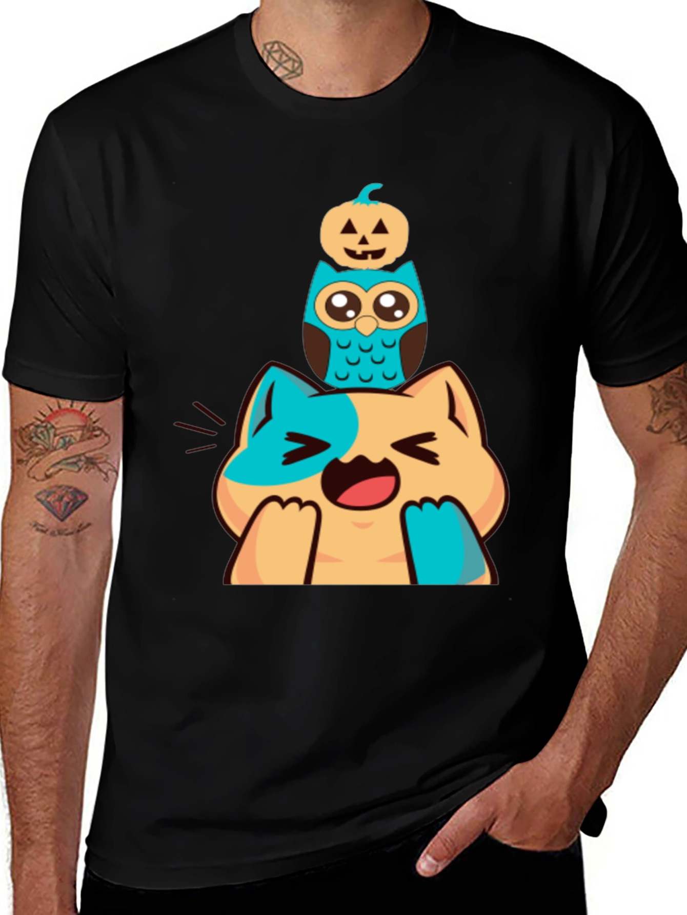 Variant 15 of Cute Cat Owl & Pumpkin Stacked Graphic Tee