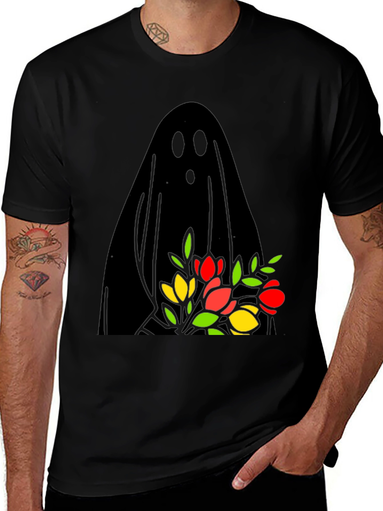 Variant 25 of Ghost Holding Flowers Graphic Tee - Spooky Season
