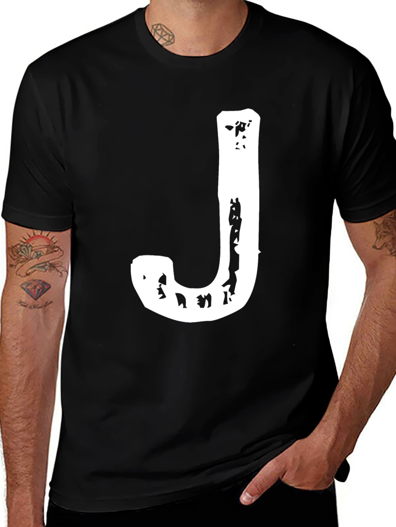 Variant 11 of Black T-Shirt with Distressed White Letter J