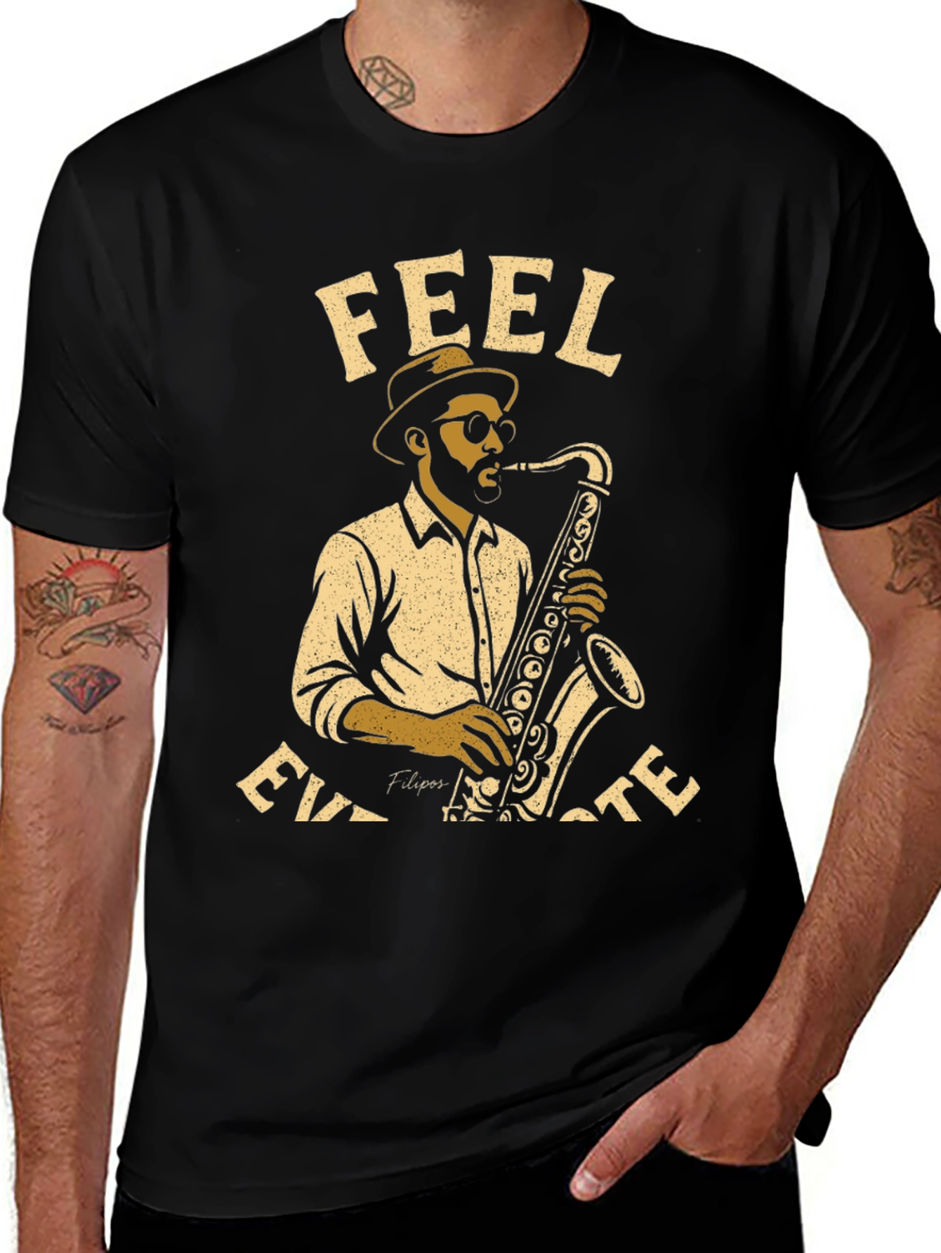 Variant 26 of Feel Every Note Saxophone Graphic Tee - Black Cotton