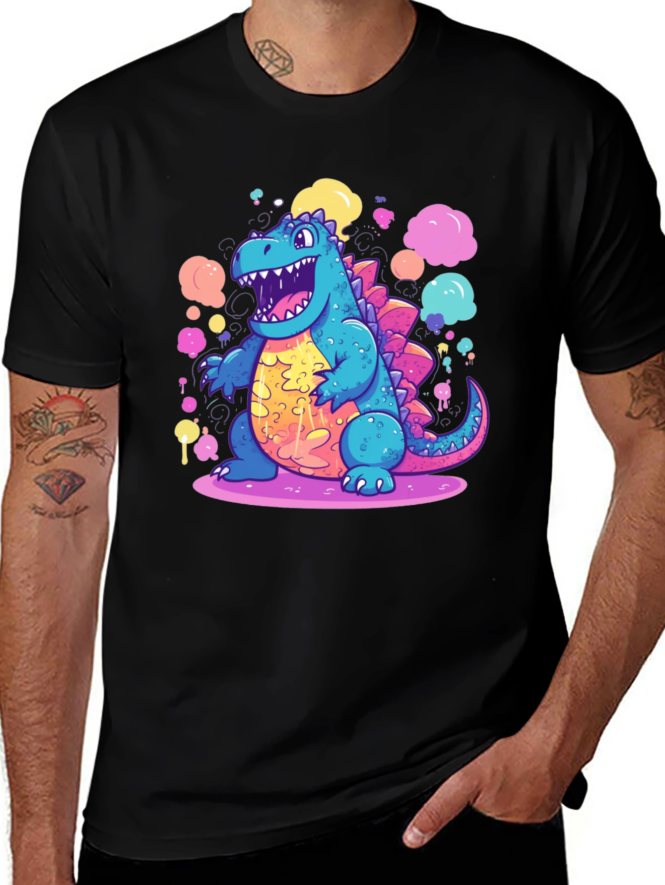 Variant 10 of Cartoon Dinosaur Graphic Tee - Quirky Black T-Shirt