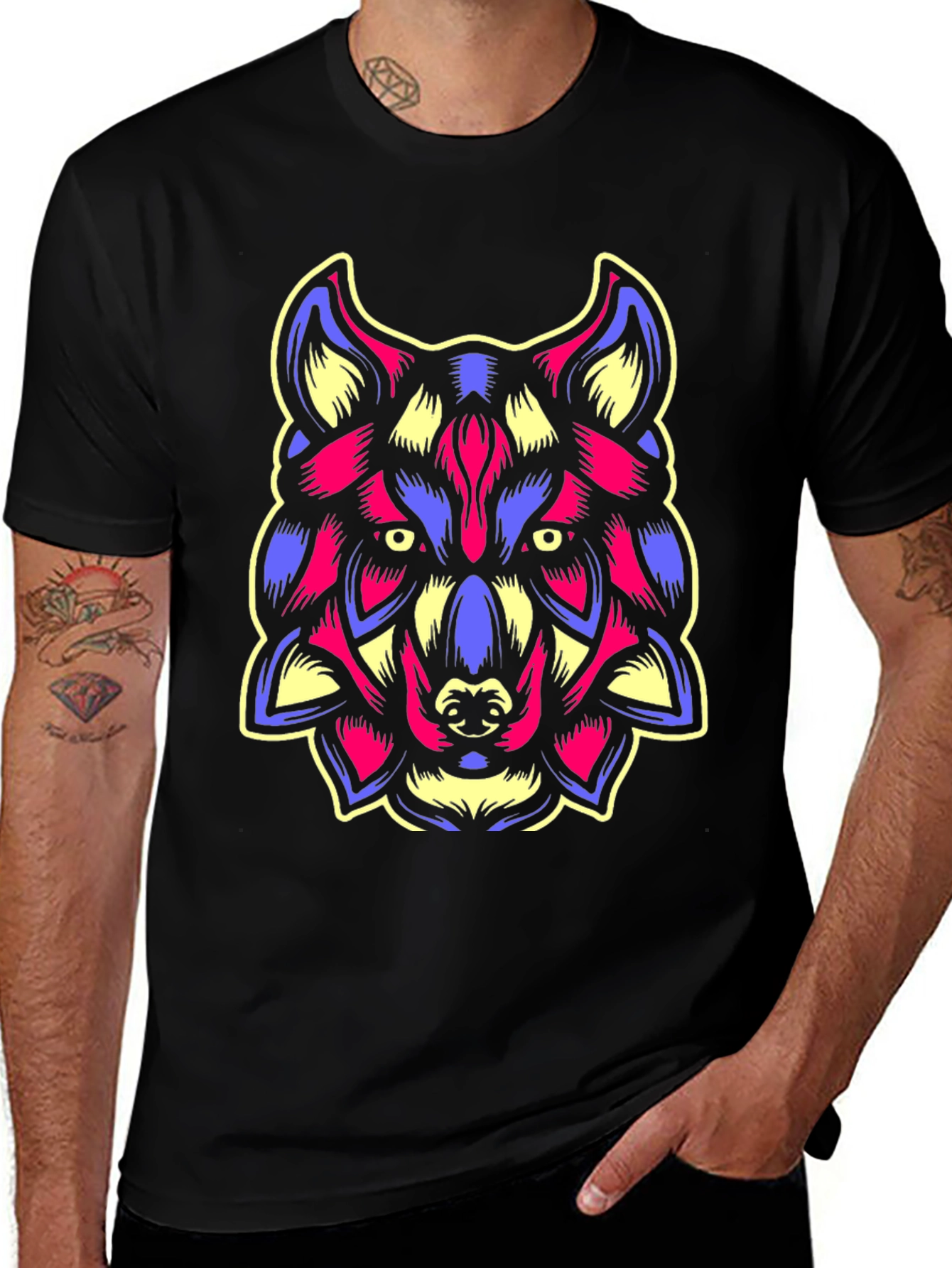 Variant 28 of Colorful Wolf Graphic Black T-Shirt