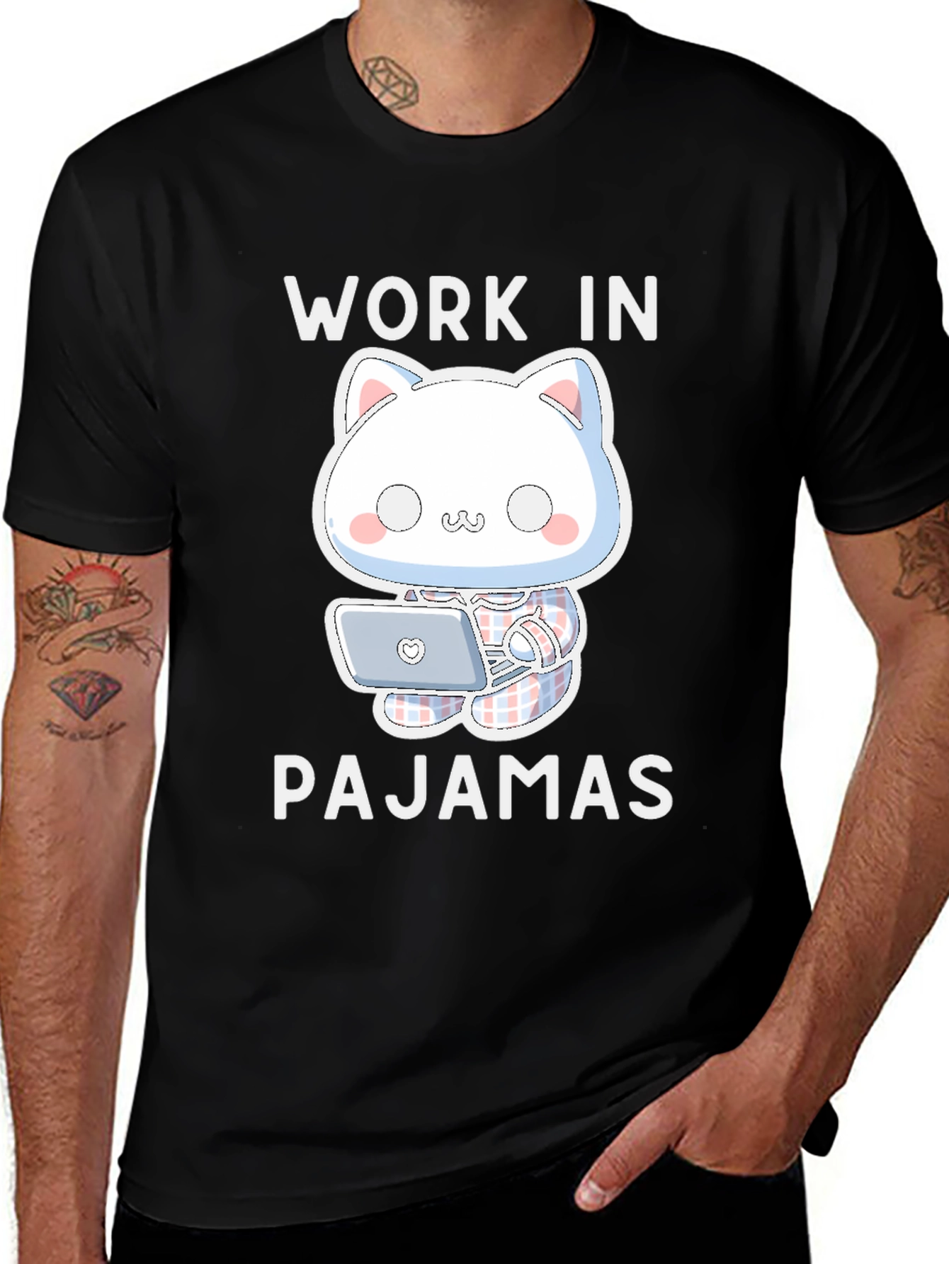 Work In Pajamas T-Shirt - Cute Cat Design