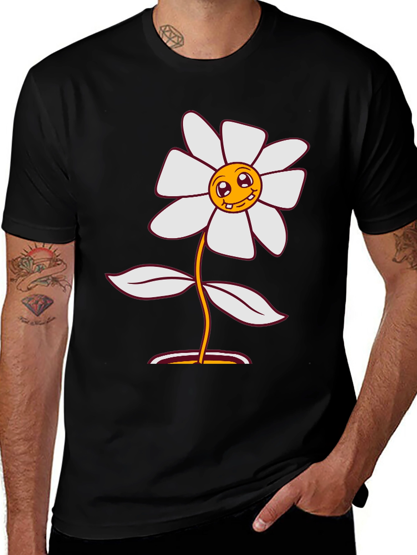 Variant 19 of Smiley Flower Graphic Tee - Black Cotton Blend
