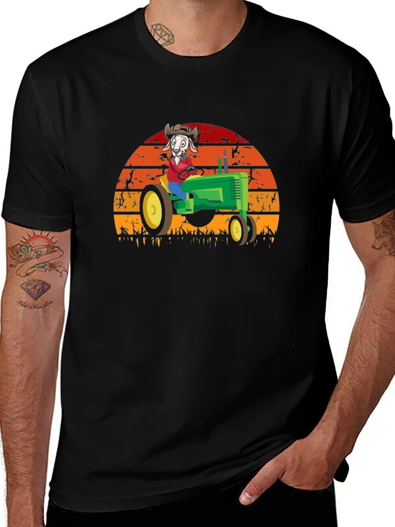 Variant 4 of Funny Goat Farmer T-Shirt - Tractor Sunset Design