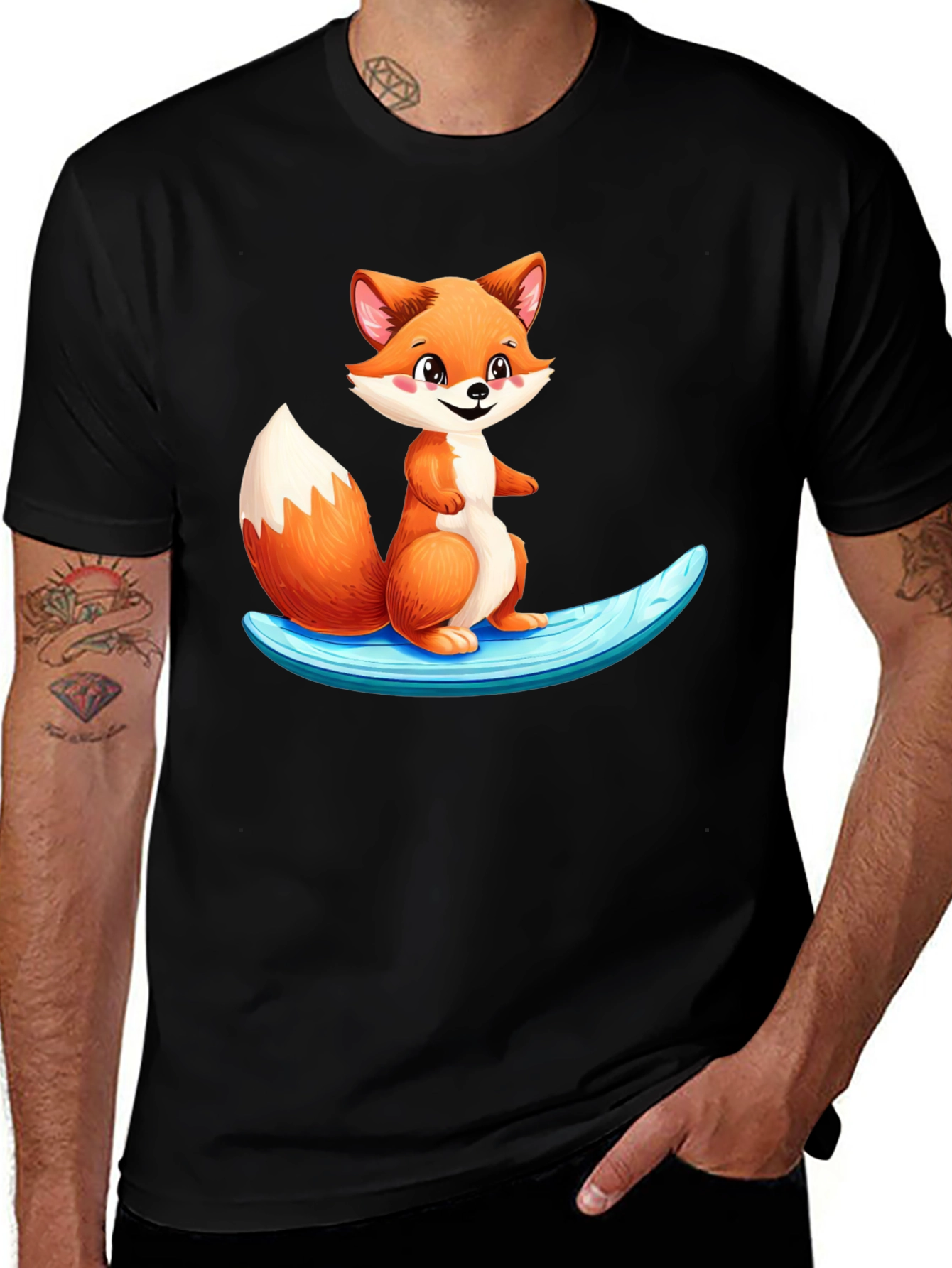 Variant 6 of Cute Fox Surfing Black T-Shirt