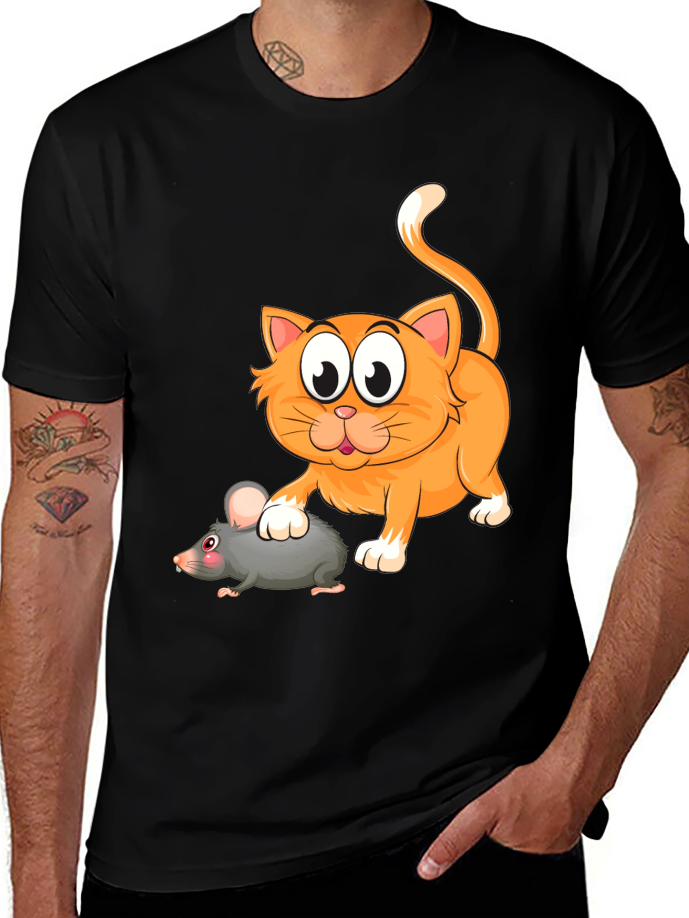 Cartoon Cat and Mouse Graphic T-Shirt - Black