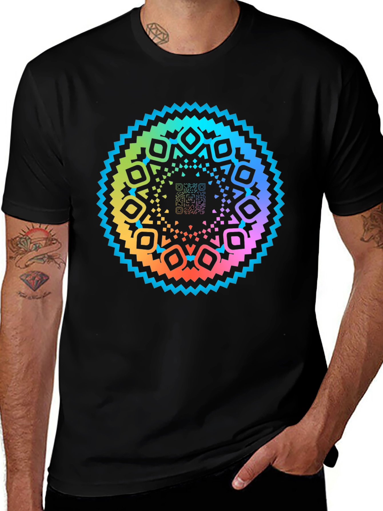 Rainbow Mandala QR Code Black T-Shirt