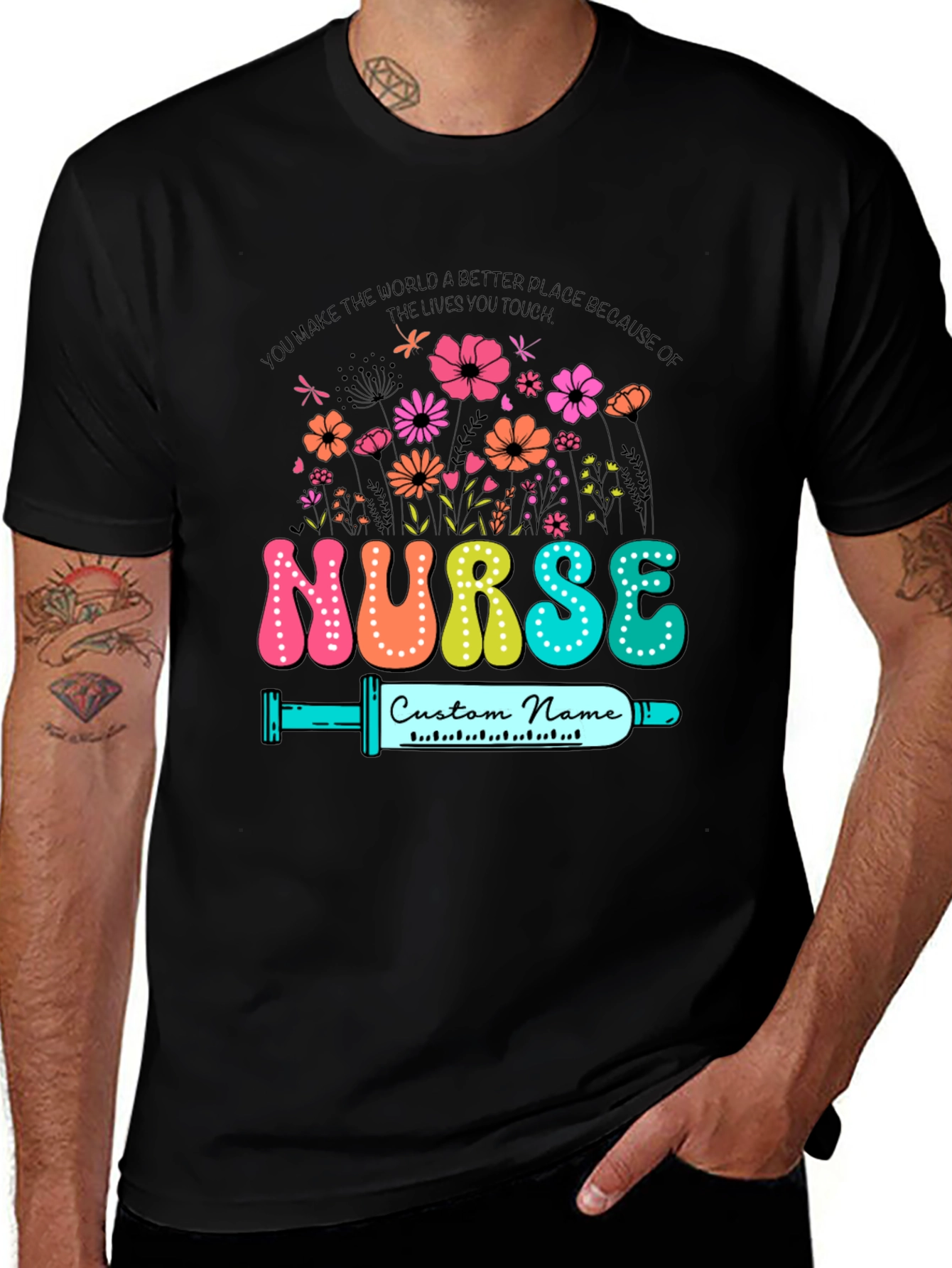 Black Floral Nurse Custom Name T-Shirt main image