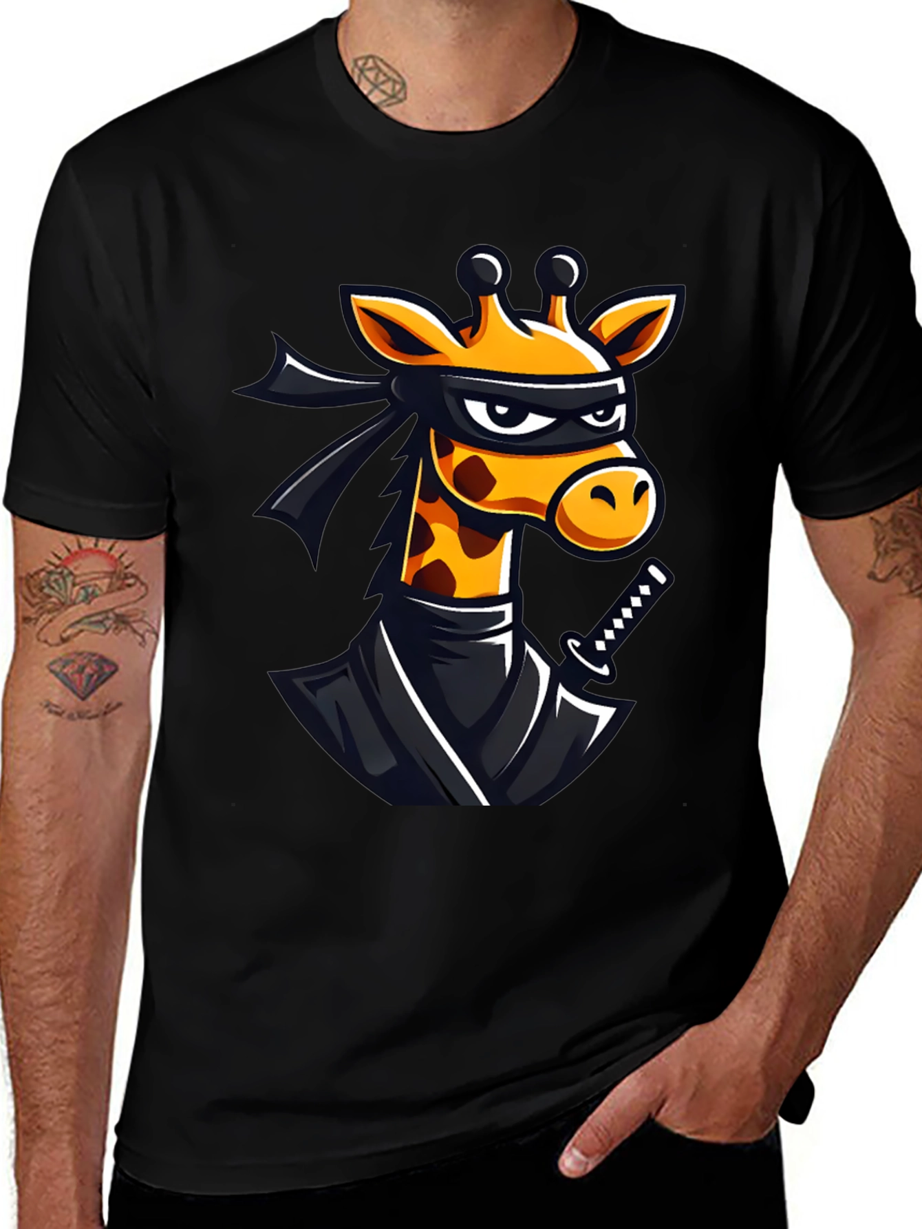 Variant 30 of Ninja Giraffe Graphic T-Shirt - Black Cotton Tee