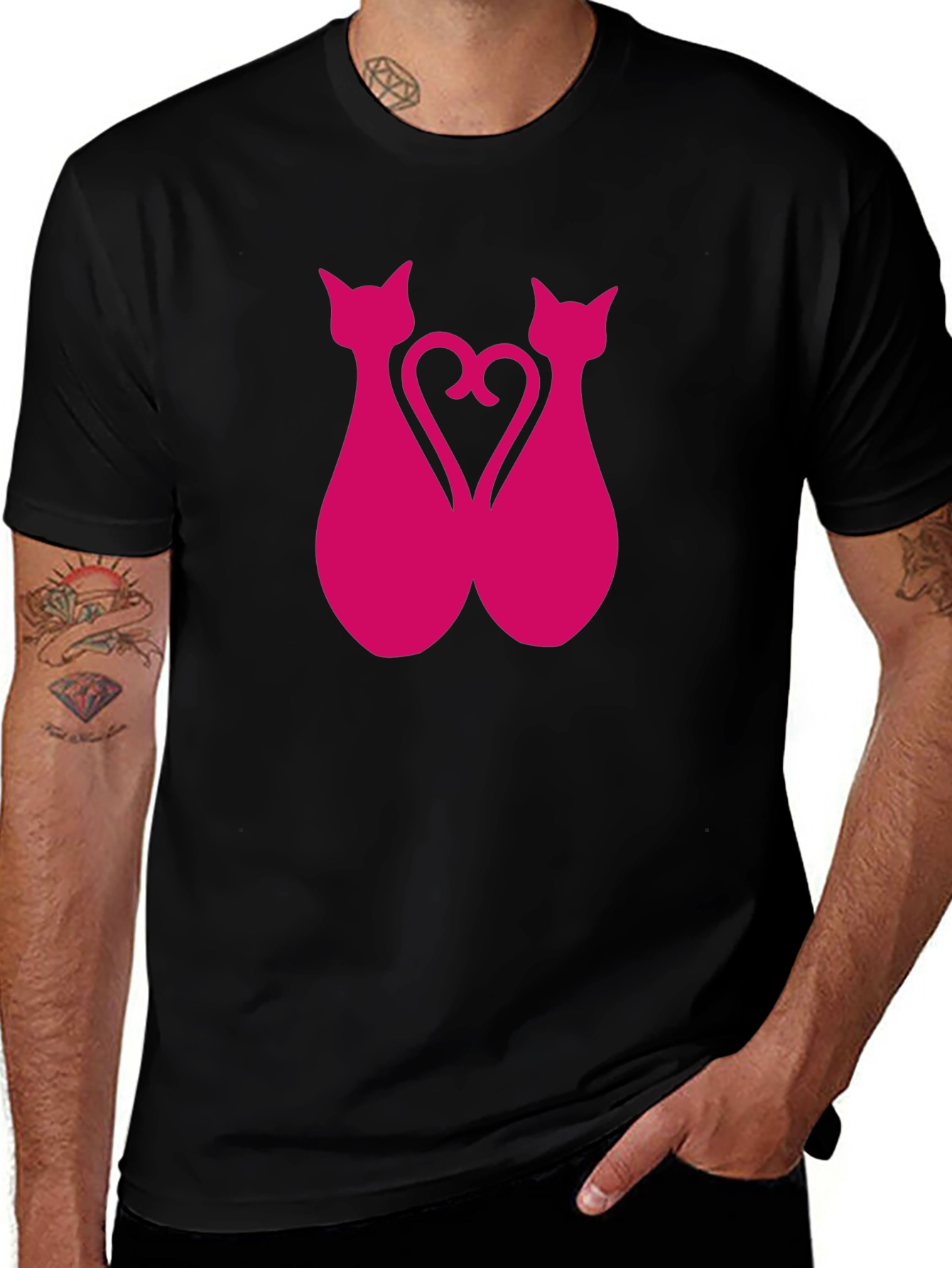 Black Pink Cat Silhouette Heart Graphic Tee main image
