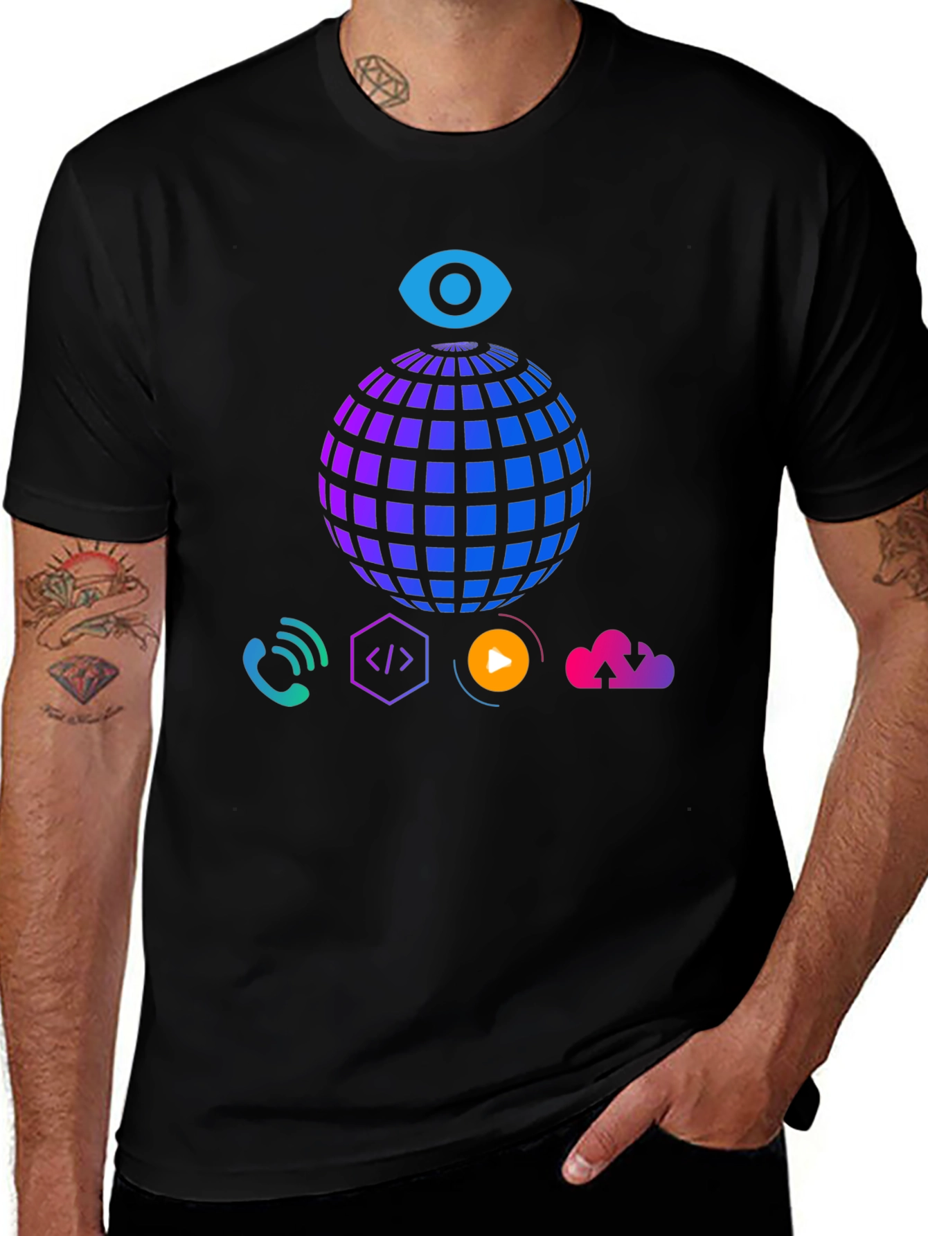 Variant 21 of Tech Vision T-Shirt - Globe, Eye, and Cloud Design