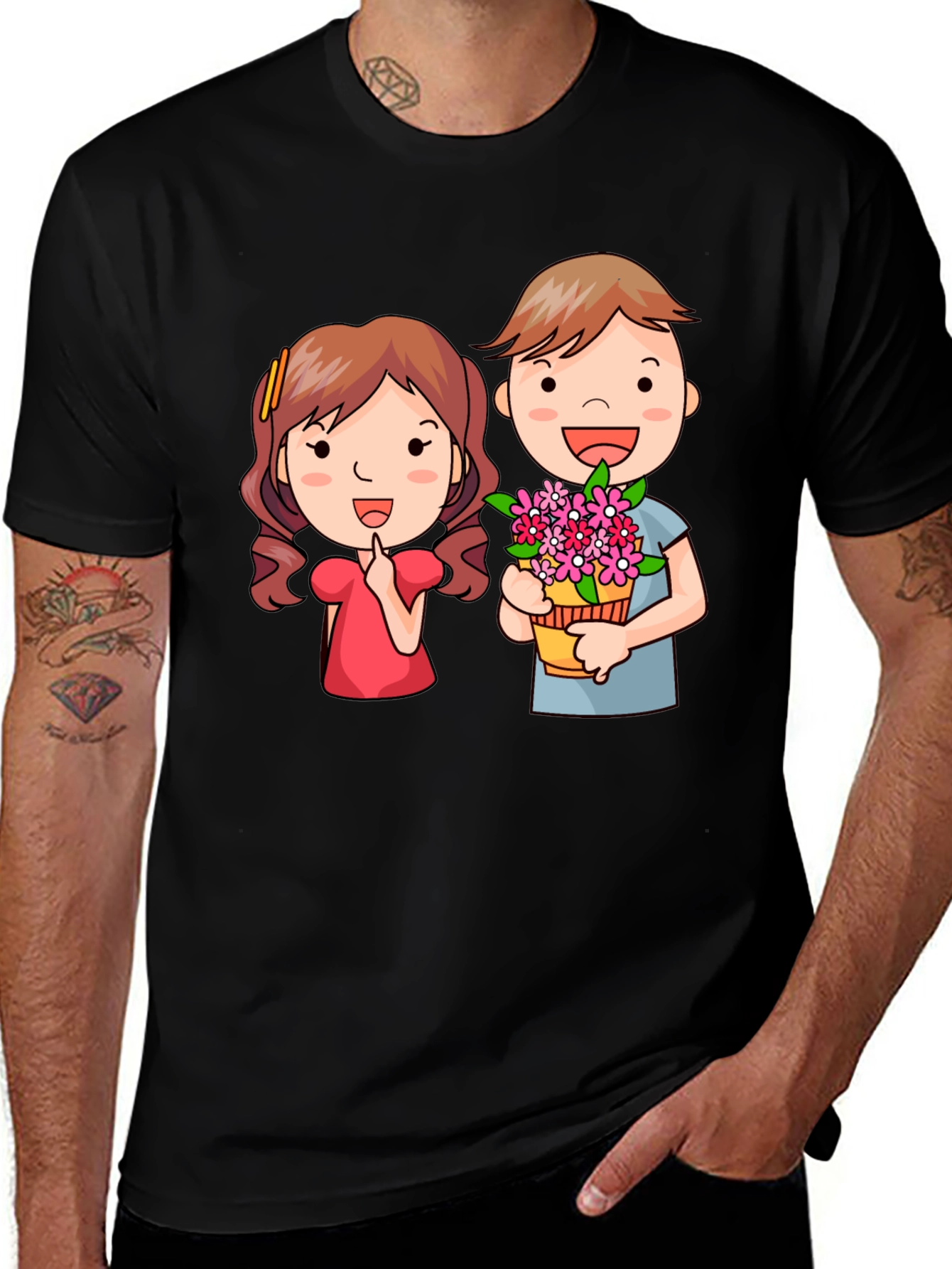 Black Cute Cartoon Couple Graphic T-Shirt main image