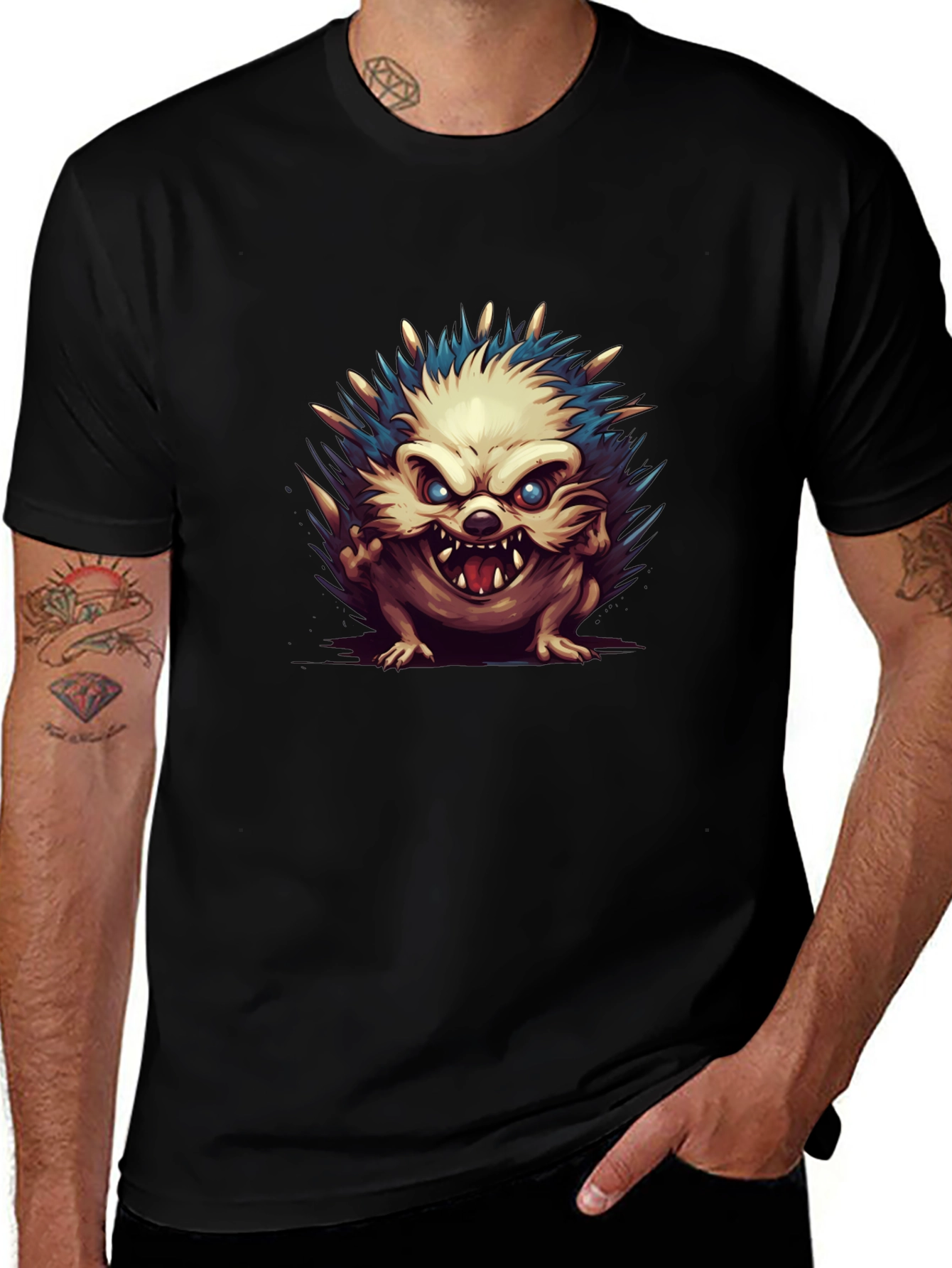 Variant 16 of Men's Black T-Shirt with Hedgehog Graphic
