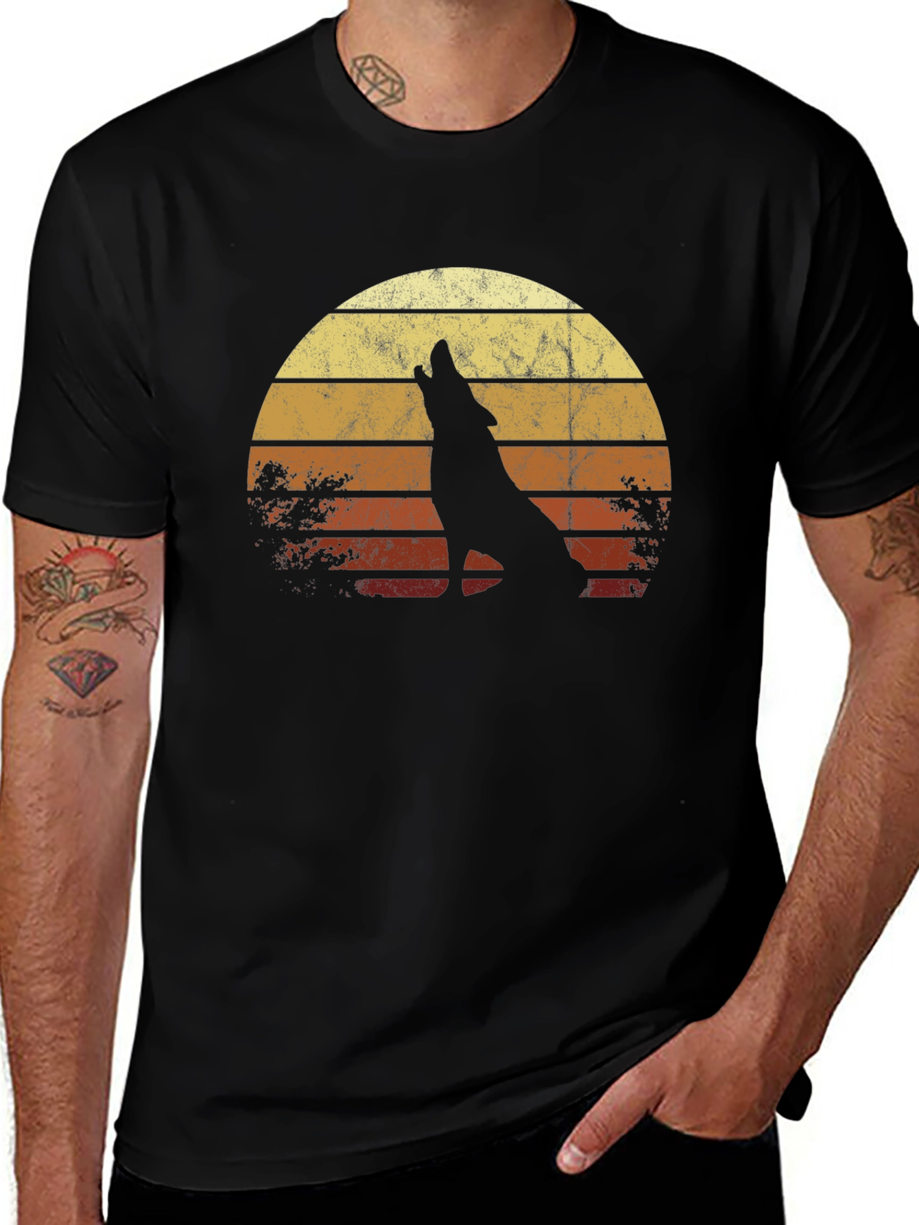 Variant 4 of Retro Wolf Sunset Graphic Tee - Black