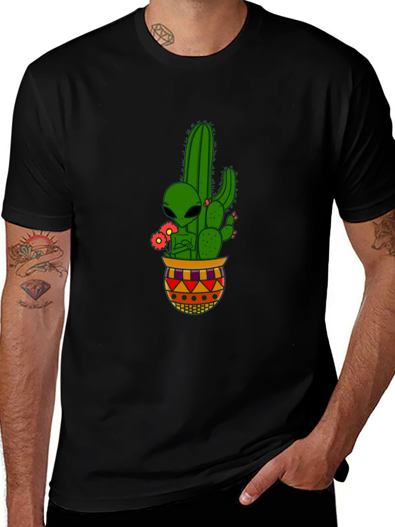 Variant 27 of Alien in Cactus Pot Graphic Tee - Black Cotton T-Shirt