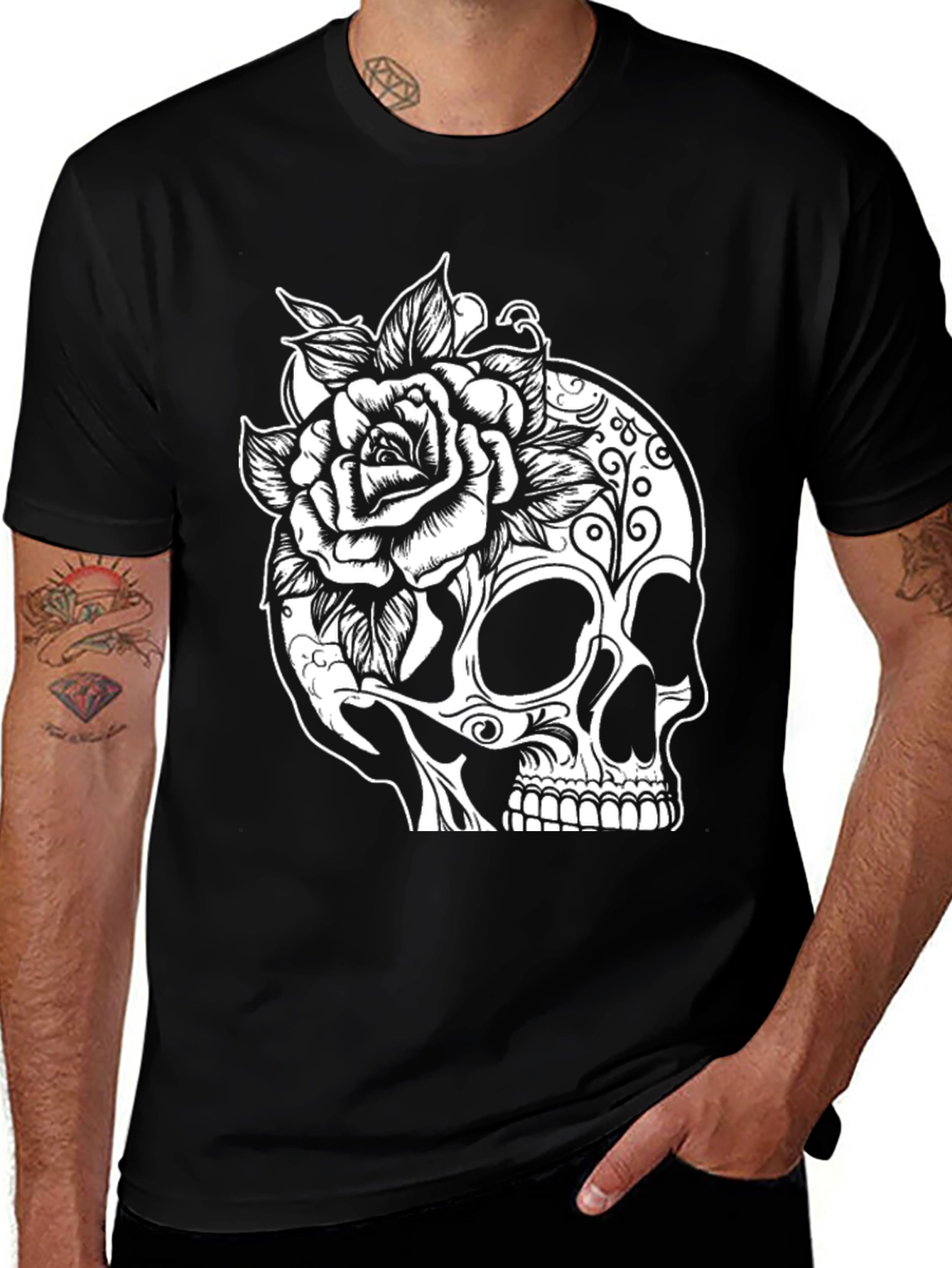 Variant 10 of Skull & Rose Graphic Tee - Men's Black T-Shirt